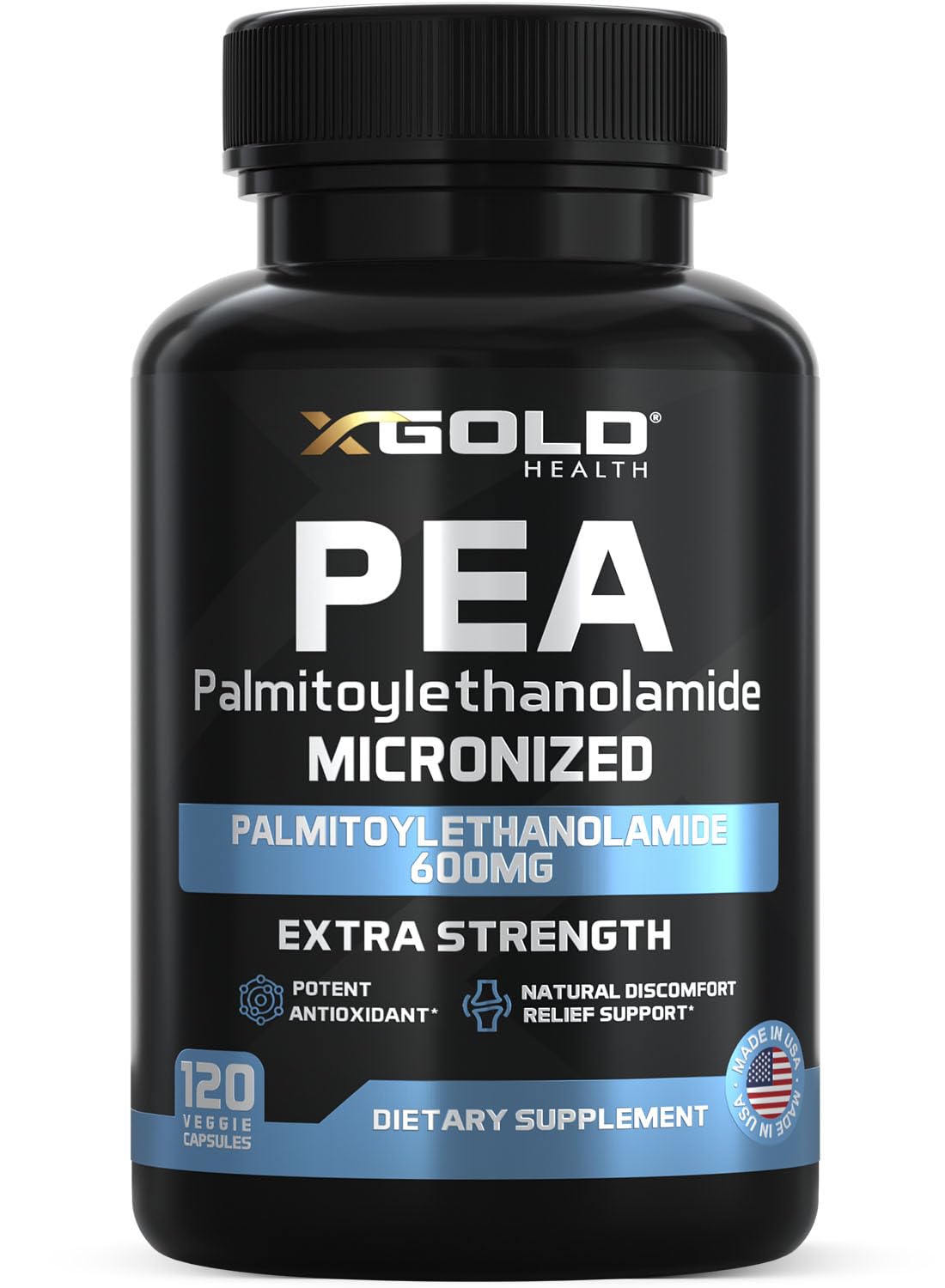 X Gold Health Palmitoylethanolamide 600 mg, bouteille et capsules végétariennes pour le confort potentiel.