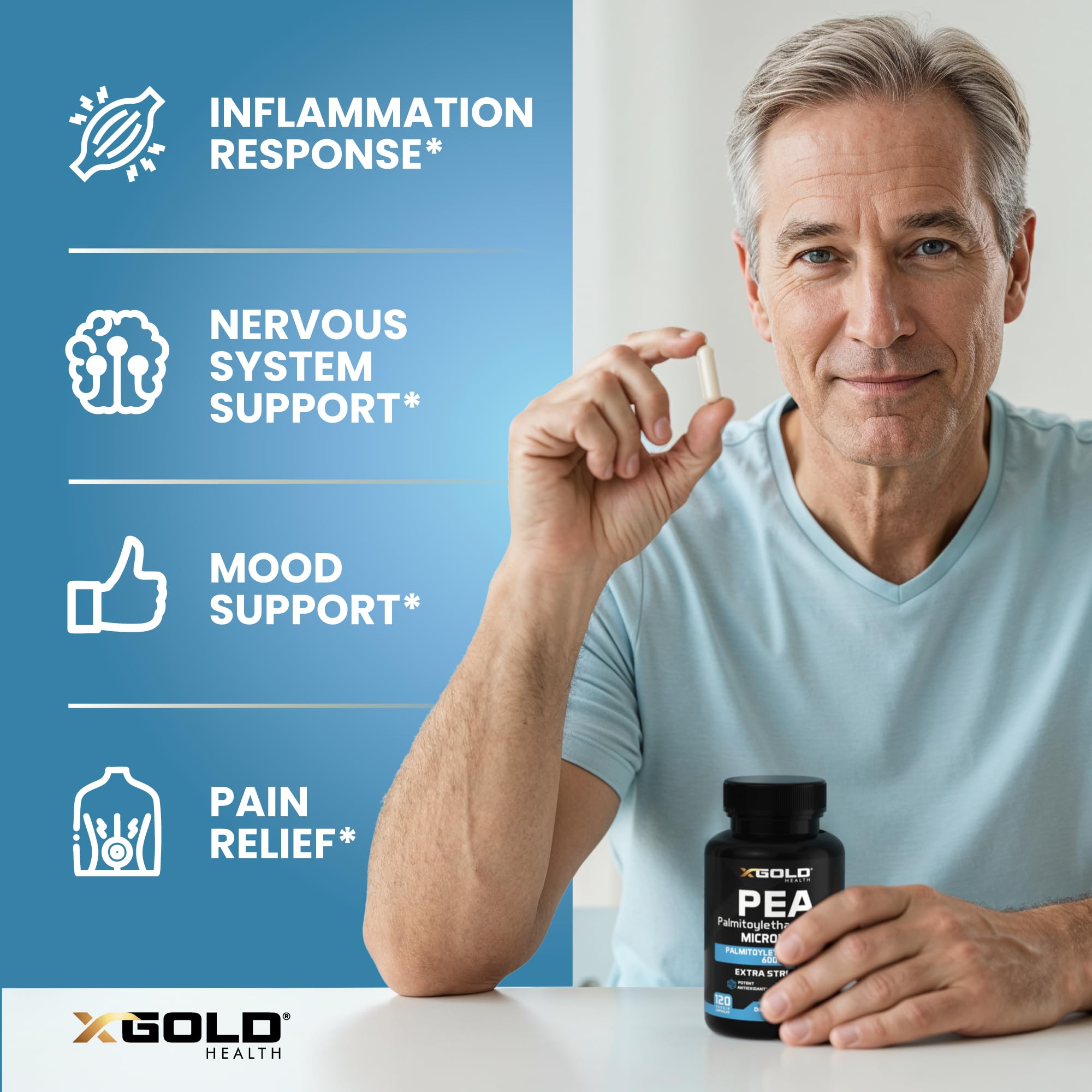 Capsules de 600 mg X Gold Health Palmitoylethanolamide montrant haute pureté et biodisponibilité.