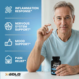 Capsules de 600 mg X Gold Health Palmitoylethanolamide montrant haute pureté et biodisponibilité.