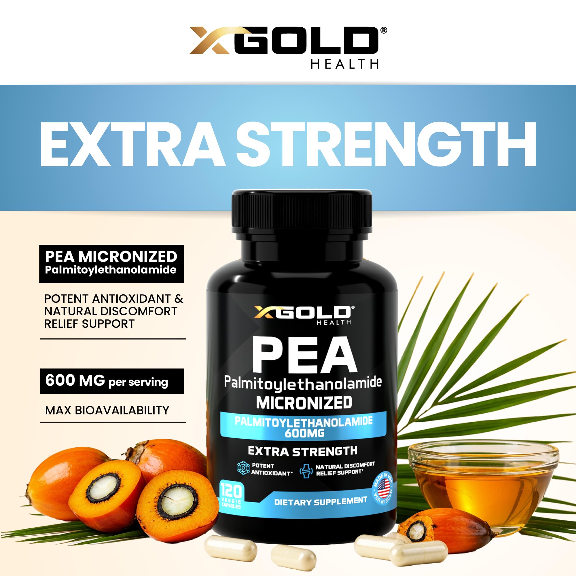 Étiquette X Gold Health Palmitoylethanolamide indiquant fabrication aux États-Unis.