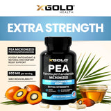 Étiquette X Gold Health Palmitoylethanolamide indiquant fabrication aux États-Unis.
