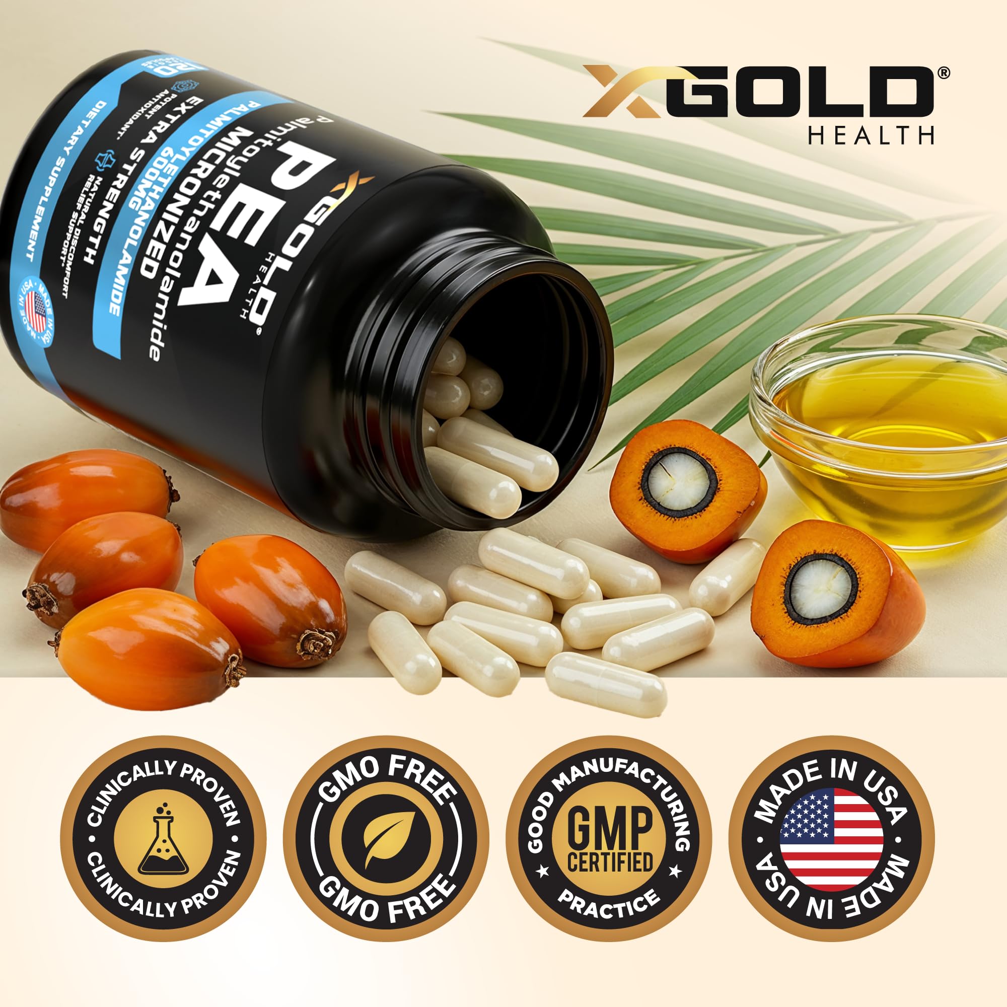 Capsules sans gluten X Gold Health Palmitoylethanolamide pour usage sûr.