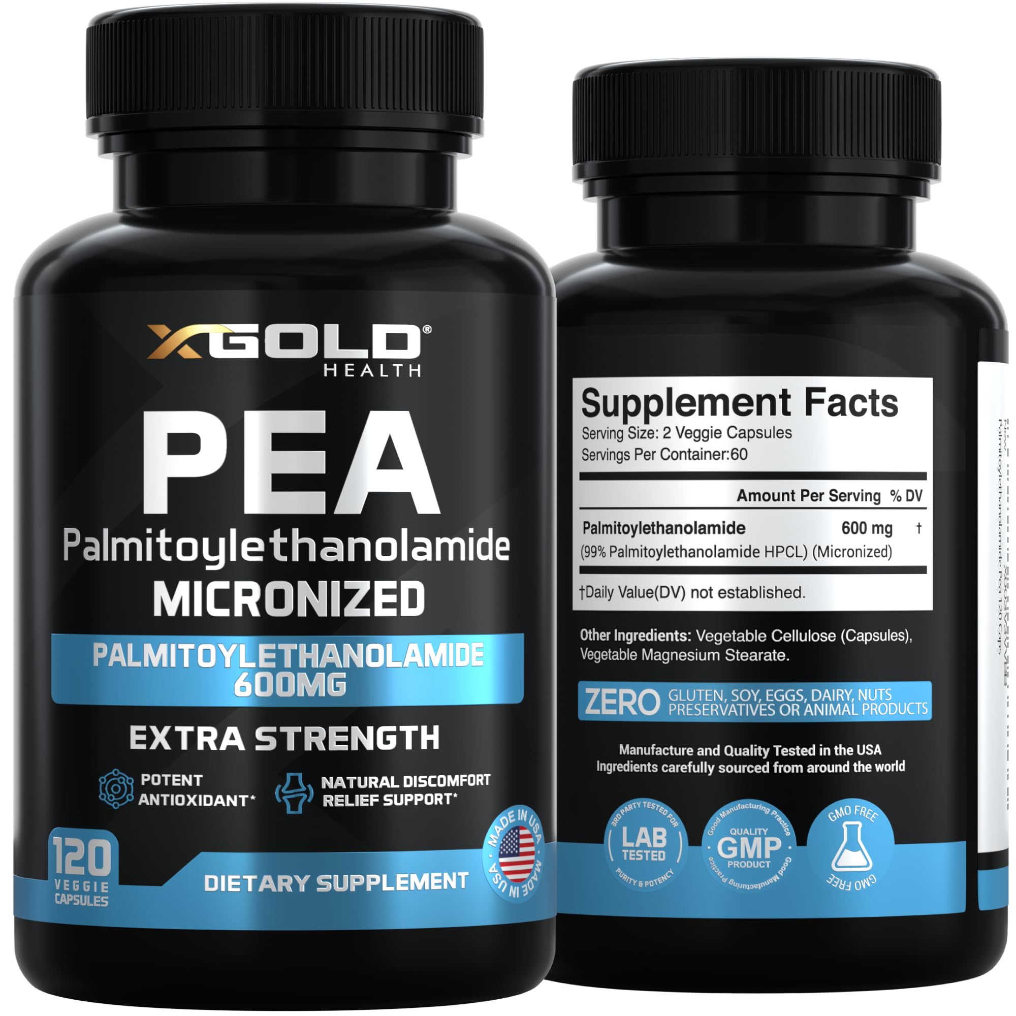 Guide d'utilisation imprimé sur l'emballage X Gold Health Palmitoylethanolamide.