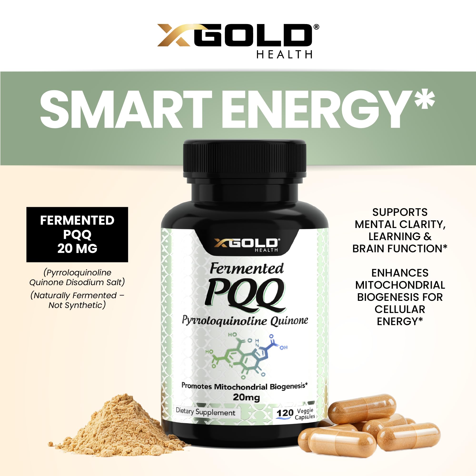 X Gold Health PQQ étiquette lisible avec les conseils d utilisation.
