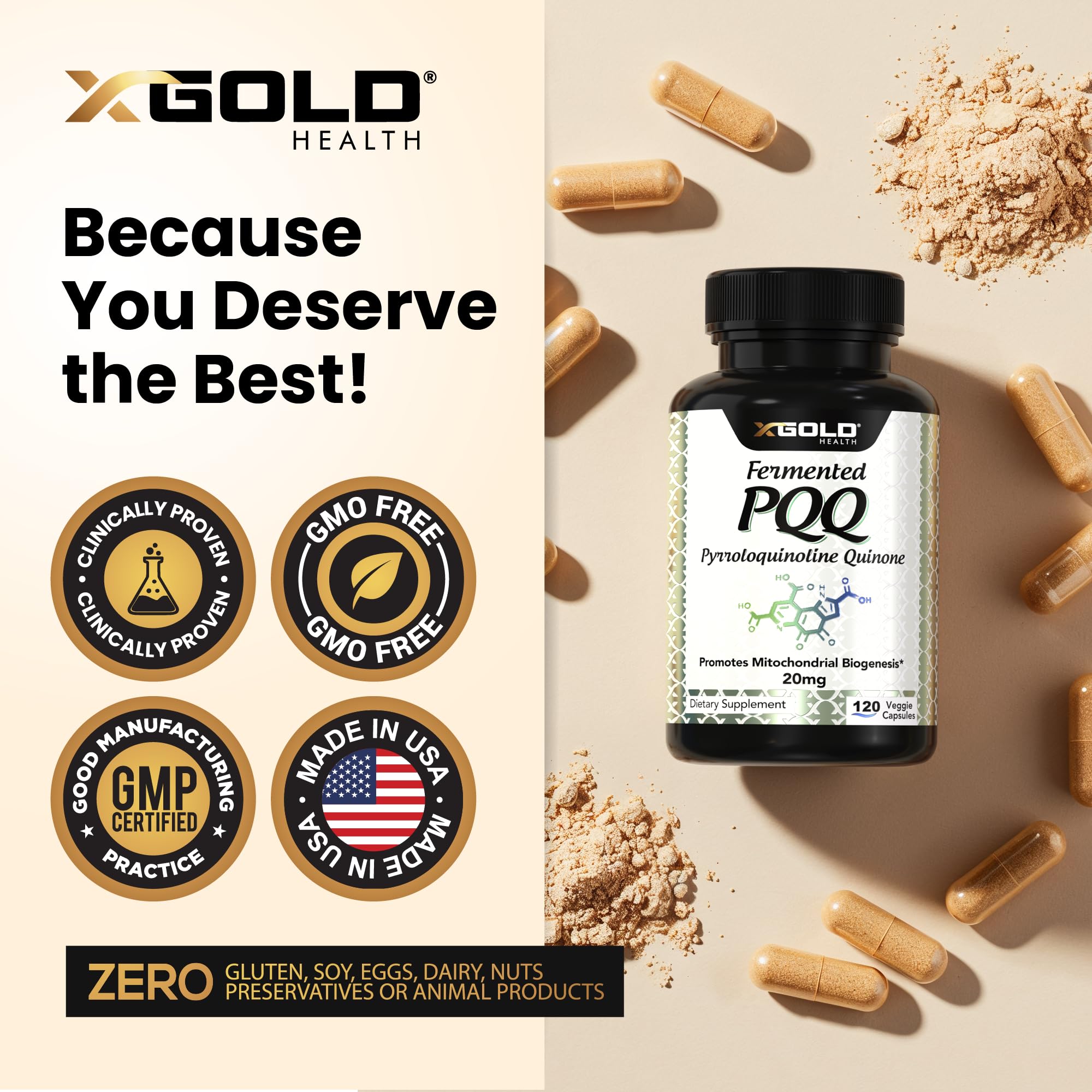 X Gold Health PQQ ingrédients fermentés pour meilleure absorption.