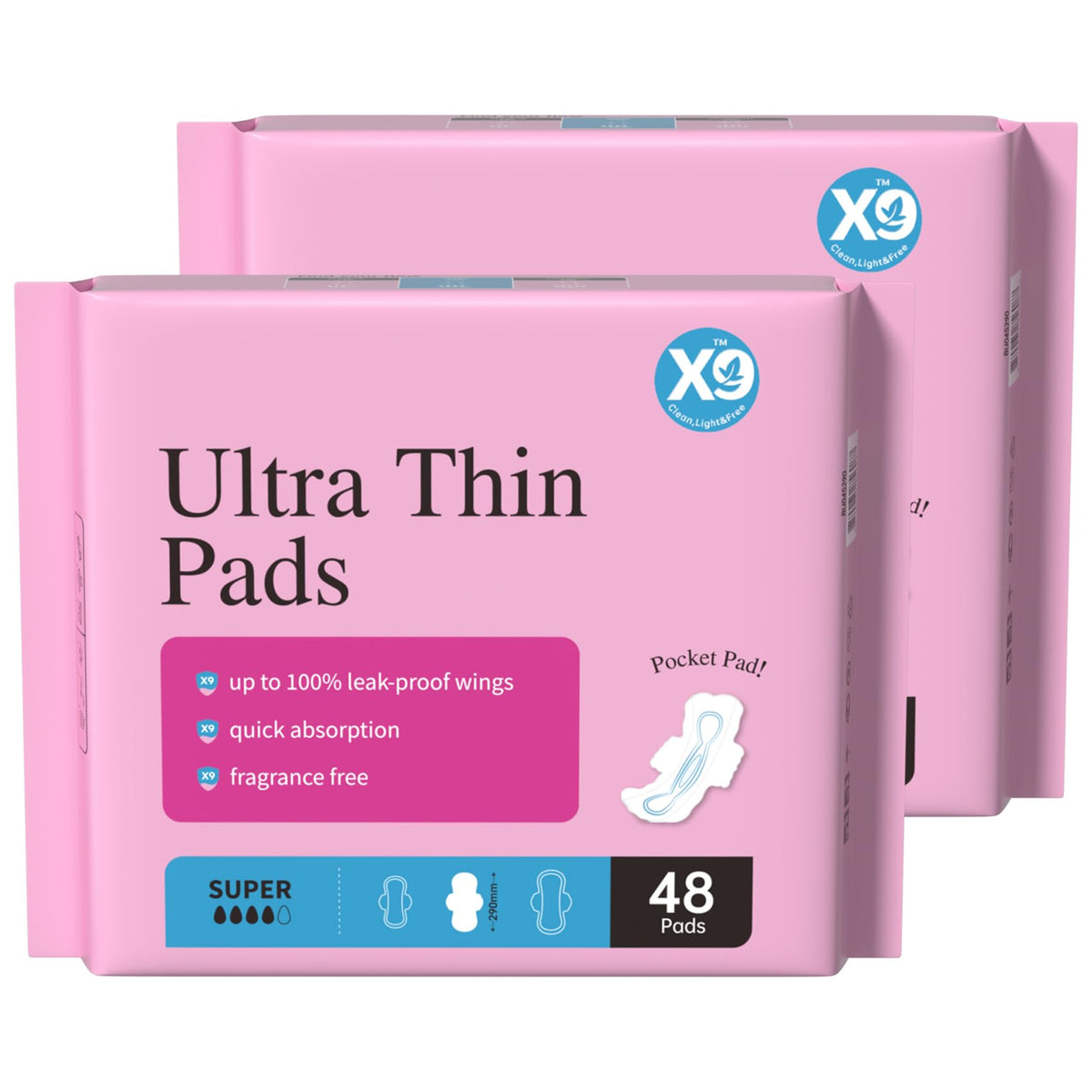 X9 serviettes hygiéniques ultraminces pour femmes, profil discret et confort quotidien.