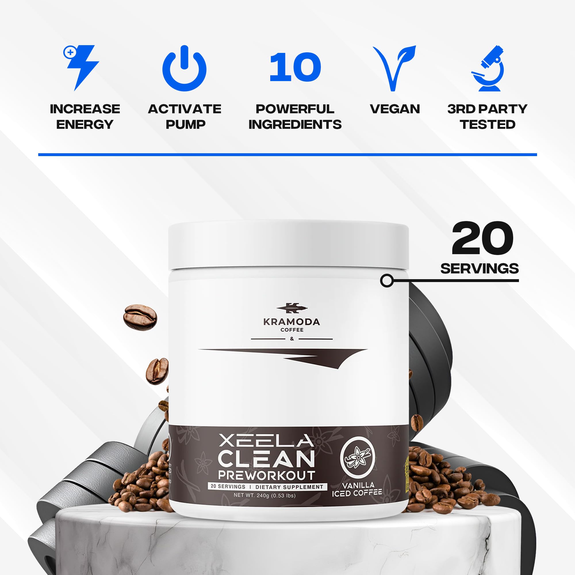 XEELA Pré-entraînement, saveur vanille glacée café, plaisir et hydratation.