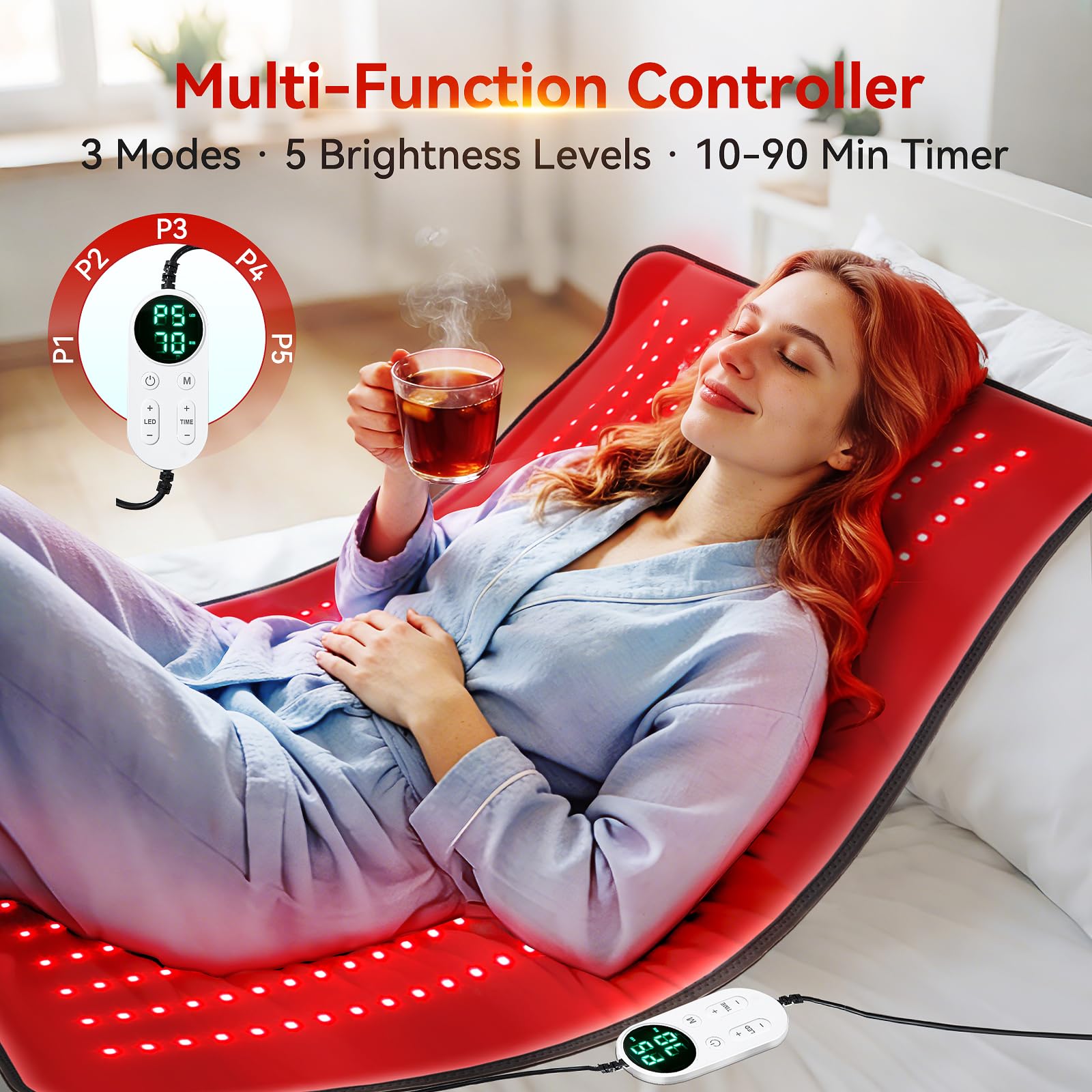 Xefinic matelas thérapie lumière, épaule visible, soulagement ciblé des épaules.