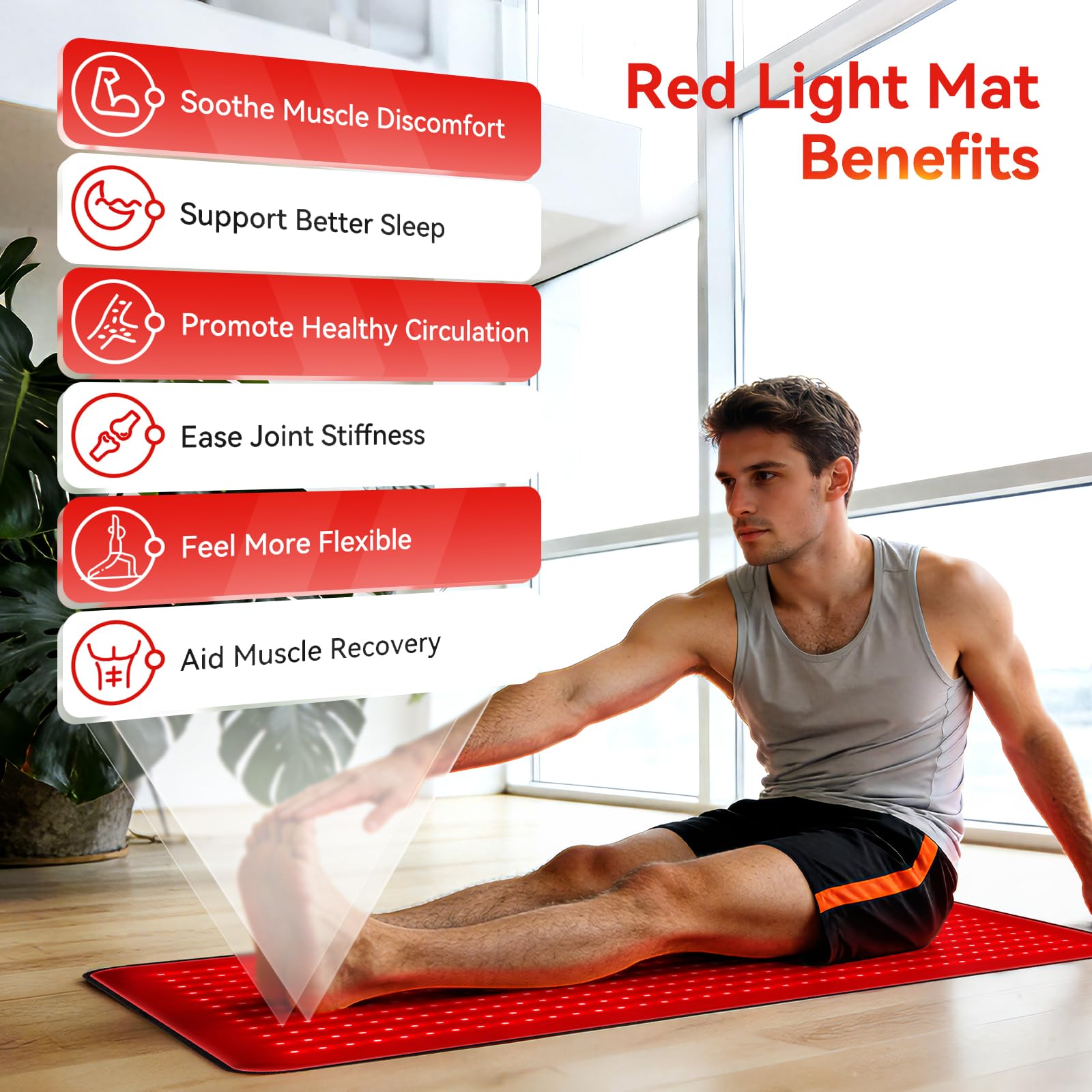 Xefinic matelas thérapie lumière, genou visible, soutien à la récupération post-entraînement.