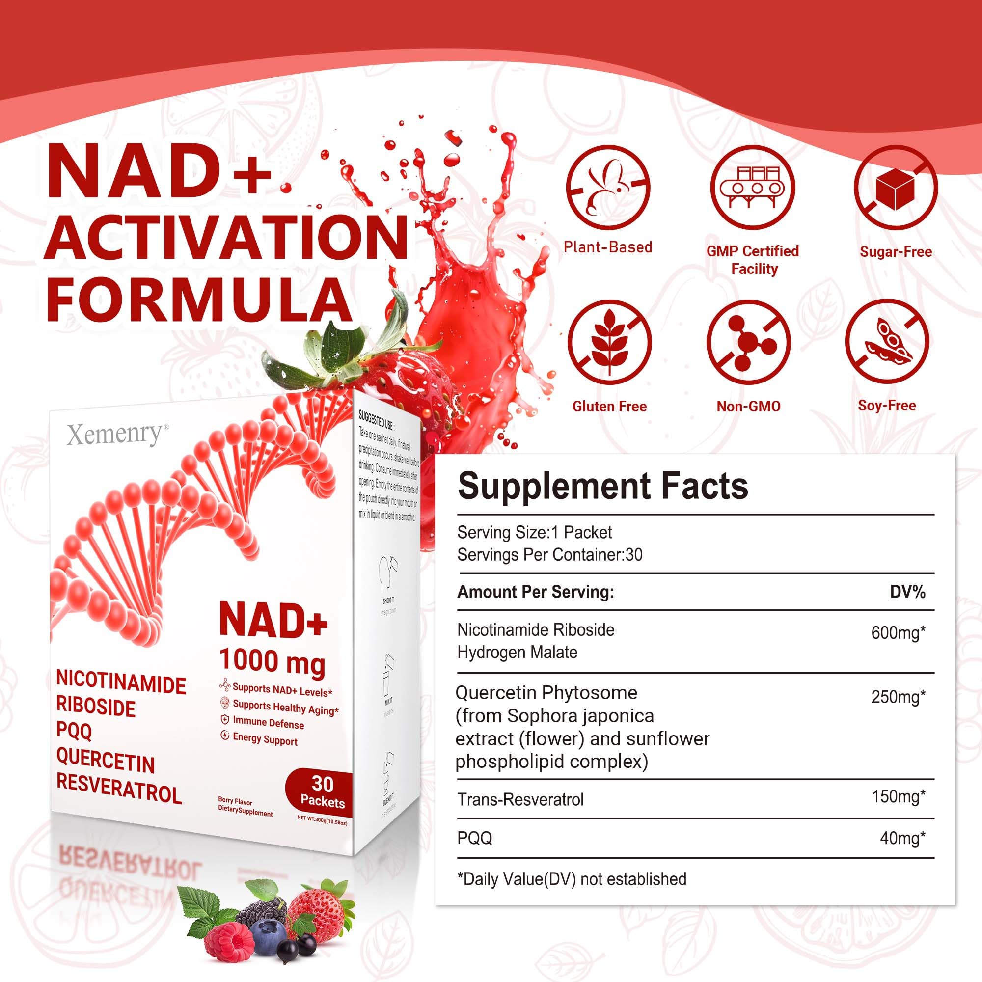 Ingrédients clés: nicotinamide riboside et resveratrol mis en avant.