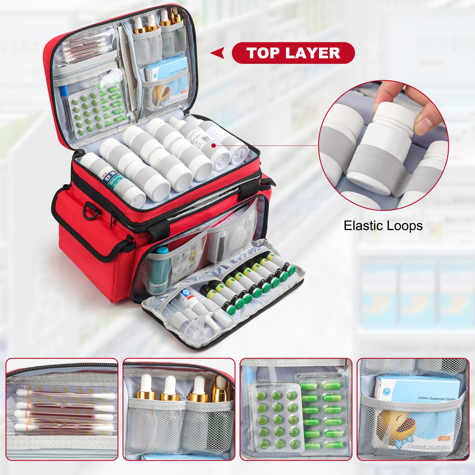 XHGWJSX Organisateur medicaments grande capacite avec poches, rangement de suppléments et bouteilles.