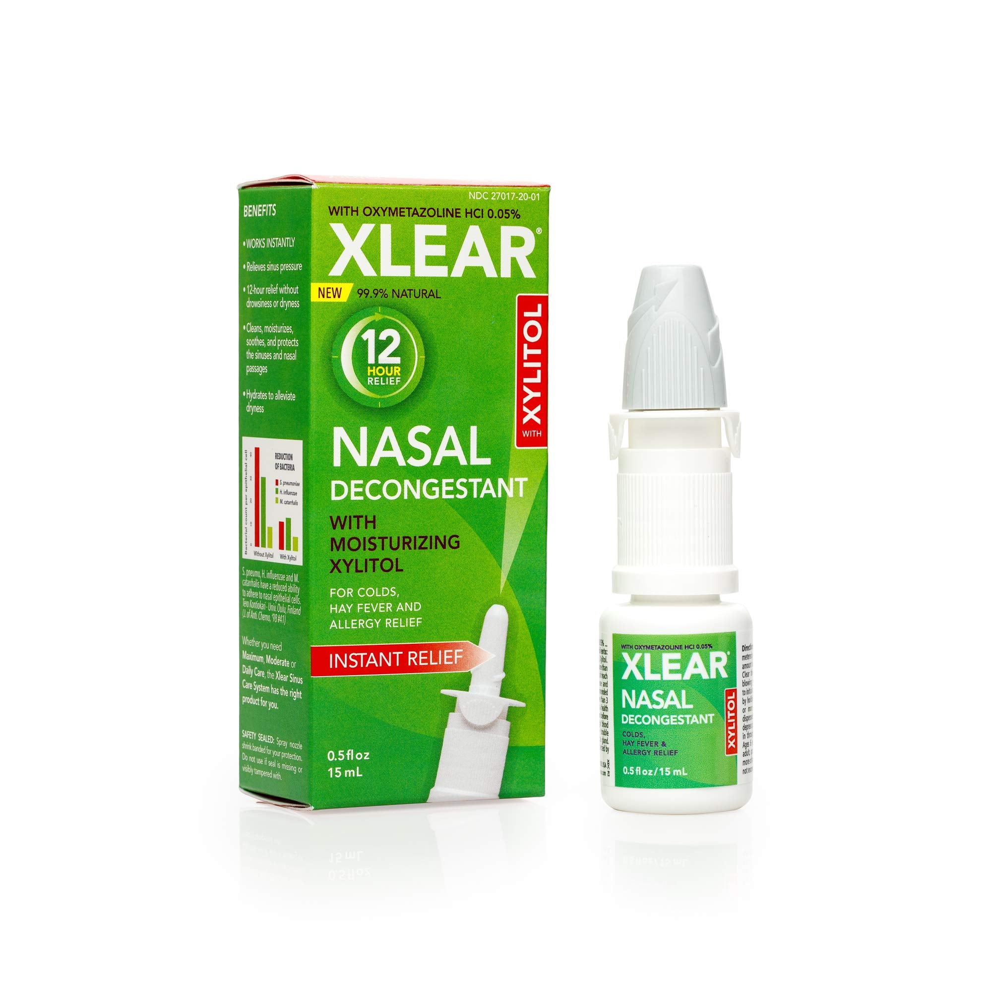Bouteille Xlear spray nasal avec pompe facile et précise.