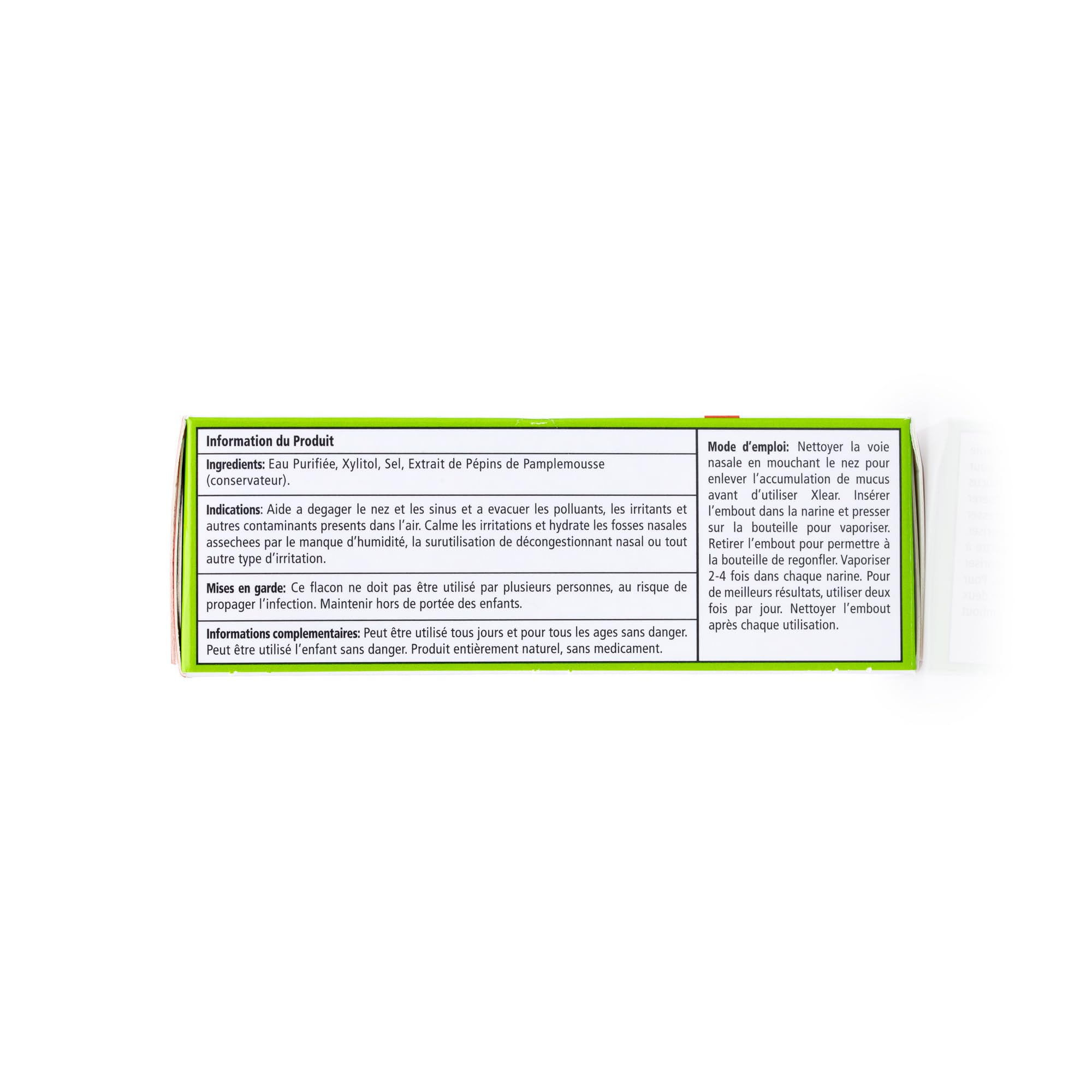 Étiquette Xlear sans stéroïdes ni produits agressifs.
