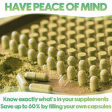 Capsules taille 00 XPRS Nutra avec capacité 600-1100 mg selon densité.