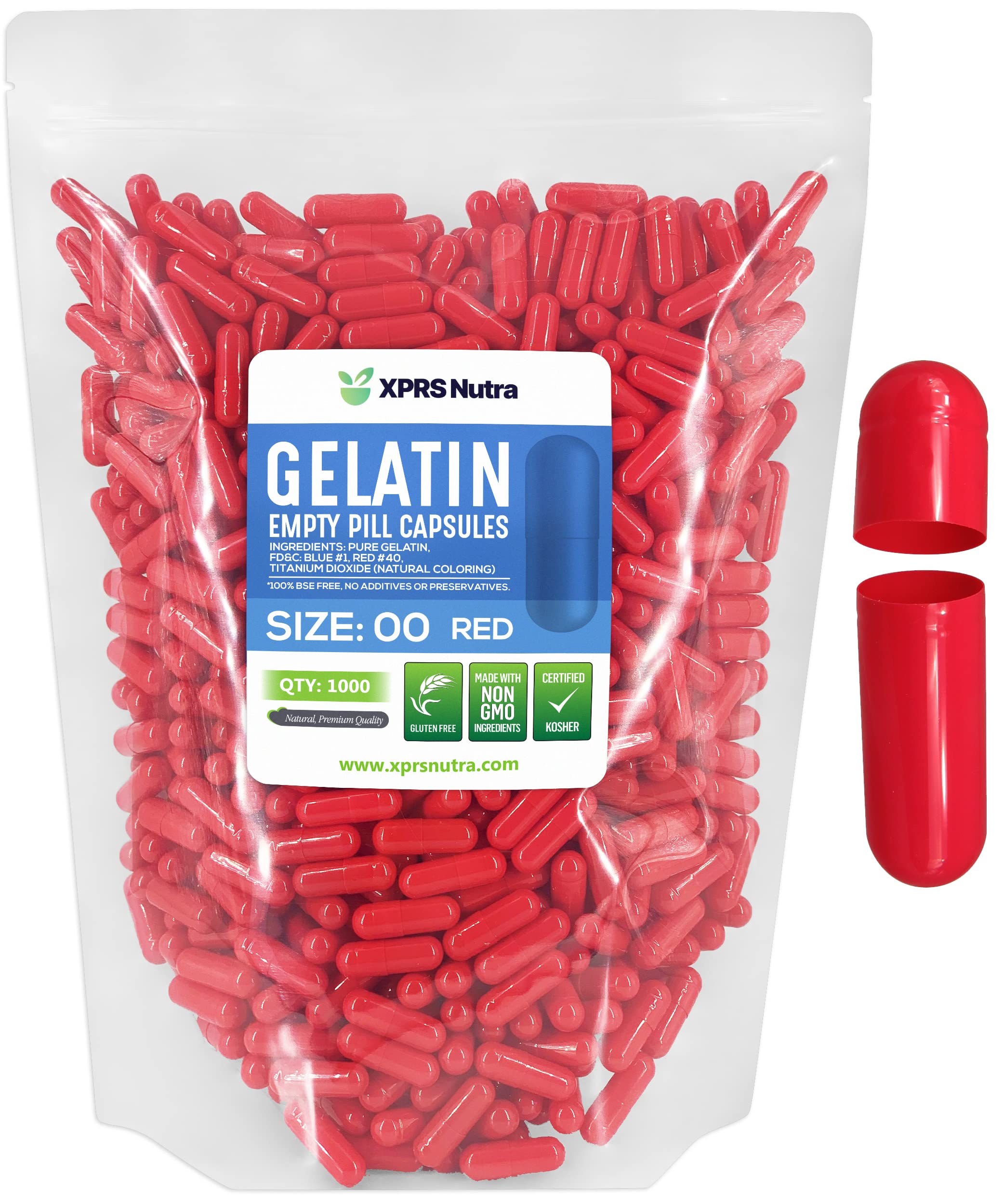 XPRS Nutra capsules gélatine taille 00 rouges, avant remplissage, précision visible.