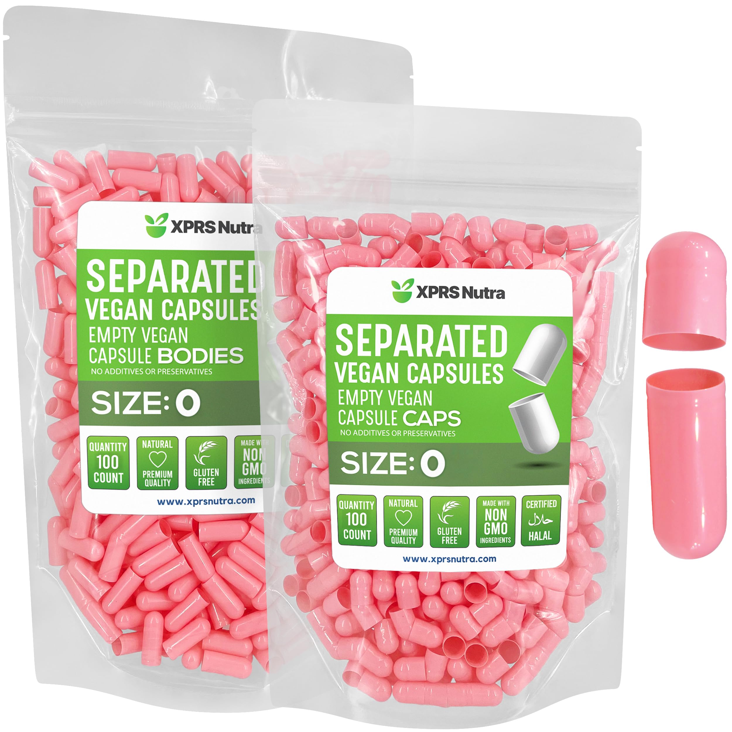 XPRS Nutra capsules séparées taille 0 roses, faciles à remplir et à dissolver.
