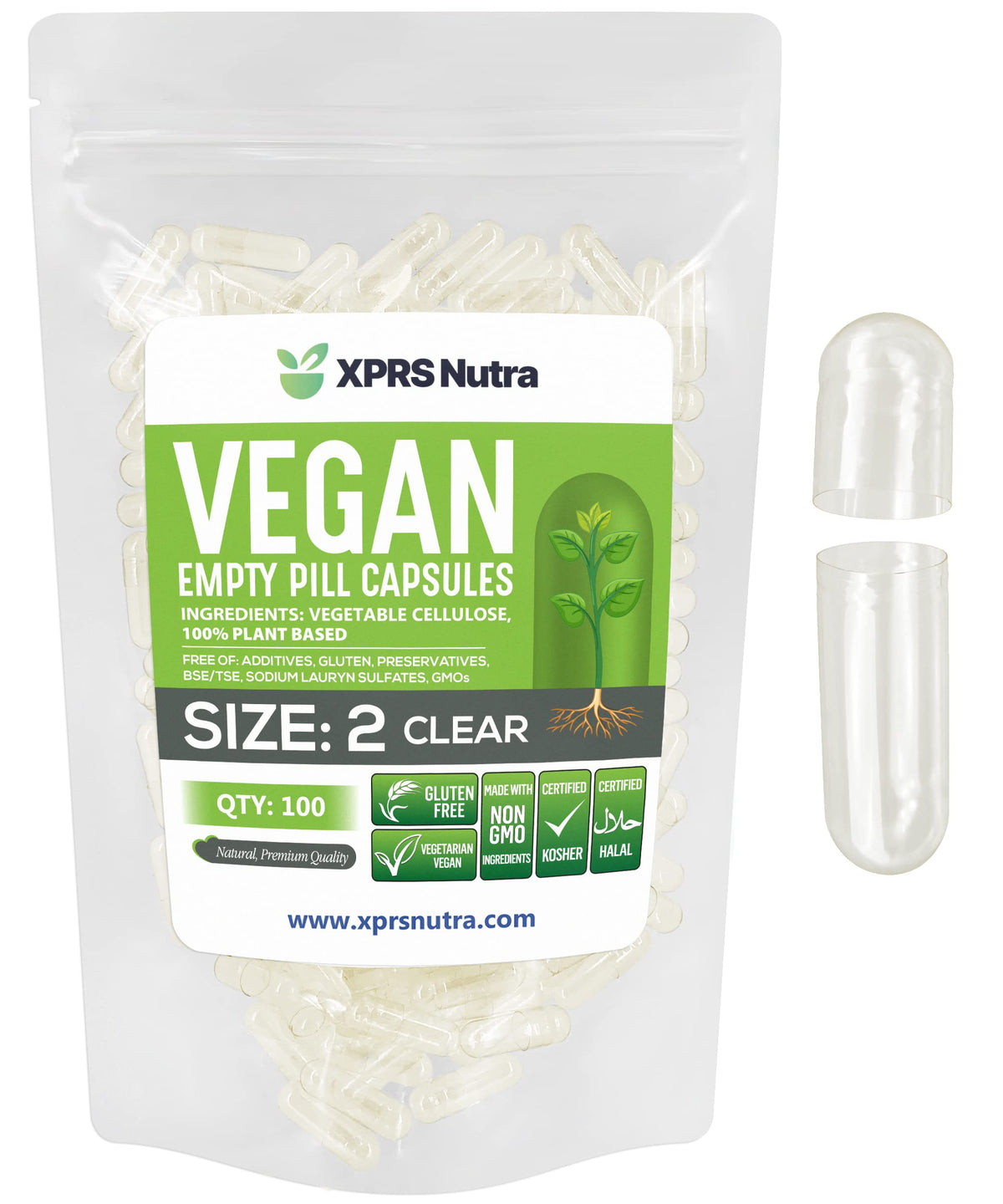 Capsules XPRS Nutra taille 2 vides et transparentes, idéale pour un remplissage précis.