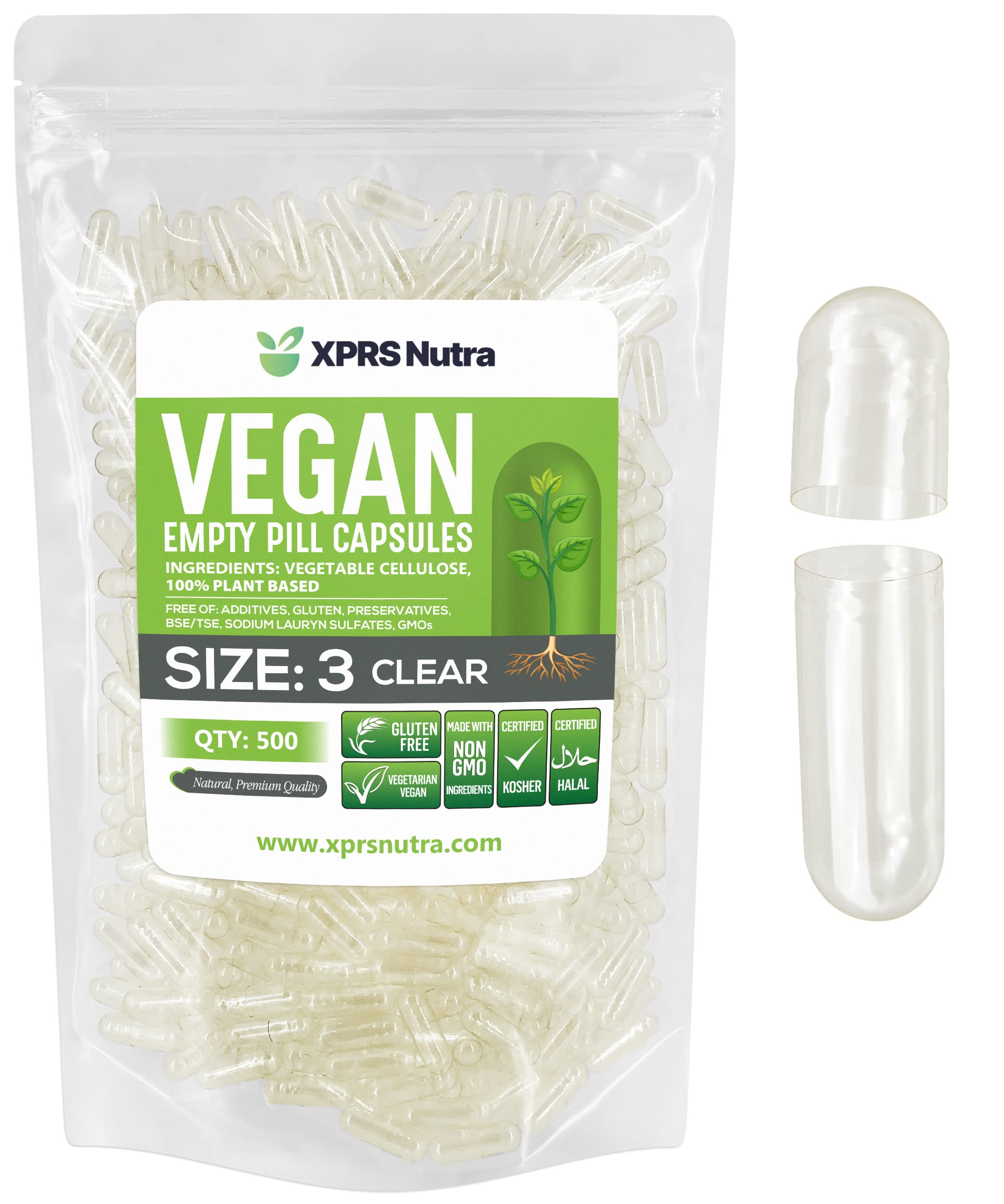 Capsules XPRS Nutra taille 3 transparentes, faciles à remplir.