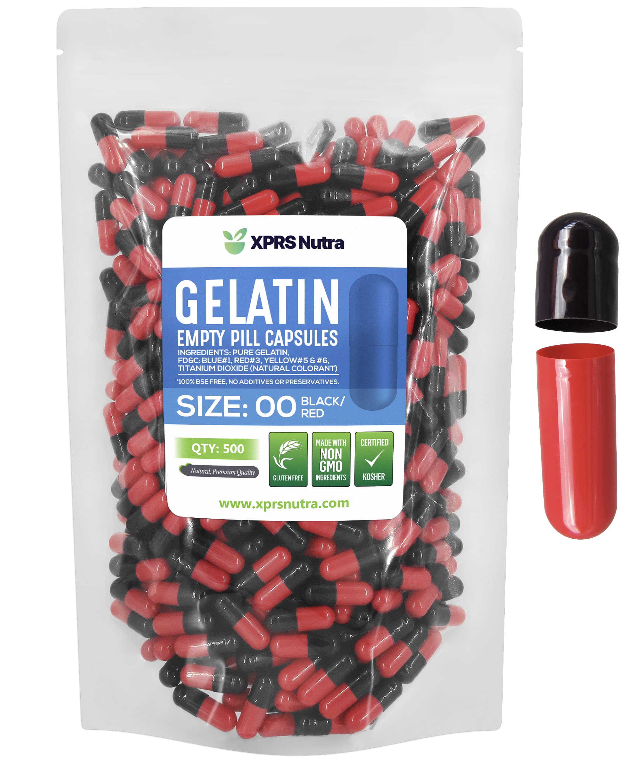 Gélules XPRS Nutra Size 00 noires et rouges, faciles à remplir et à visualiser.