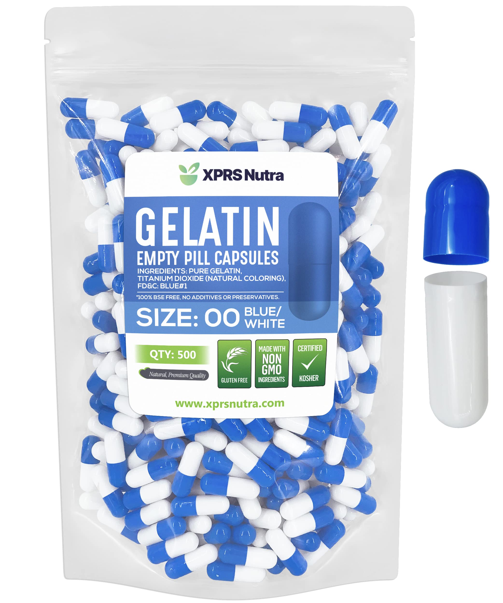 Capsules vides XPRS Nutra taille 00 en emballage bleu et blanc prêtes à remplir.