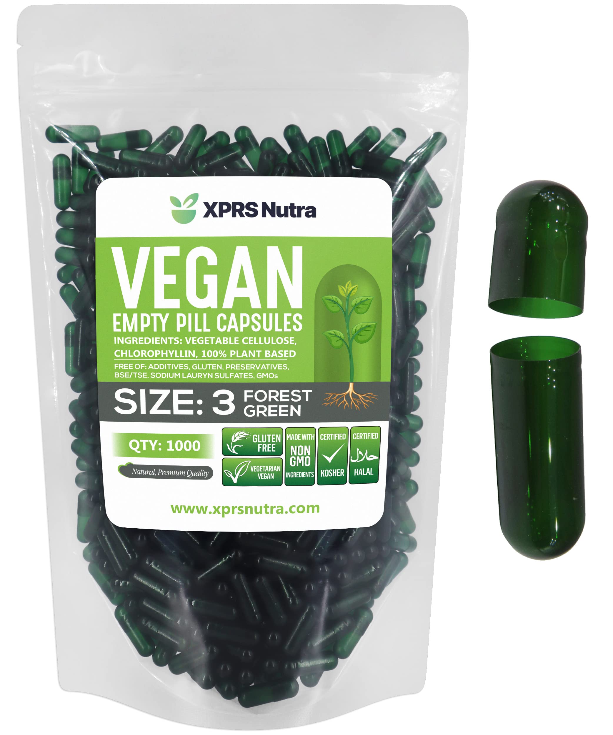 Capsules vides XPRS Nutra taille 3 vert forêt, parfaites pour un remplissage précis.