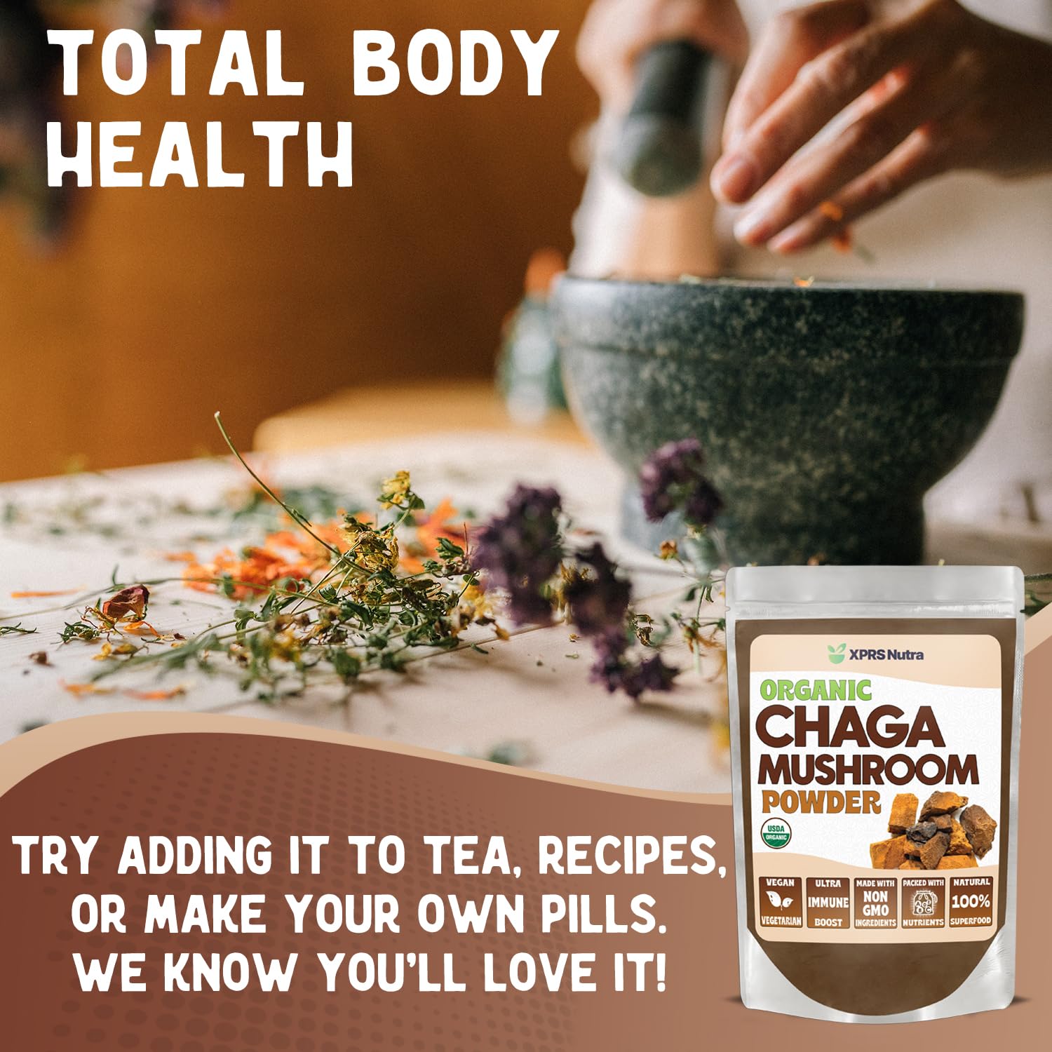 Cuillère doseuse XPRS Nutra avec poudre Chaga pour boissons