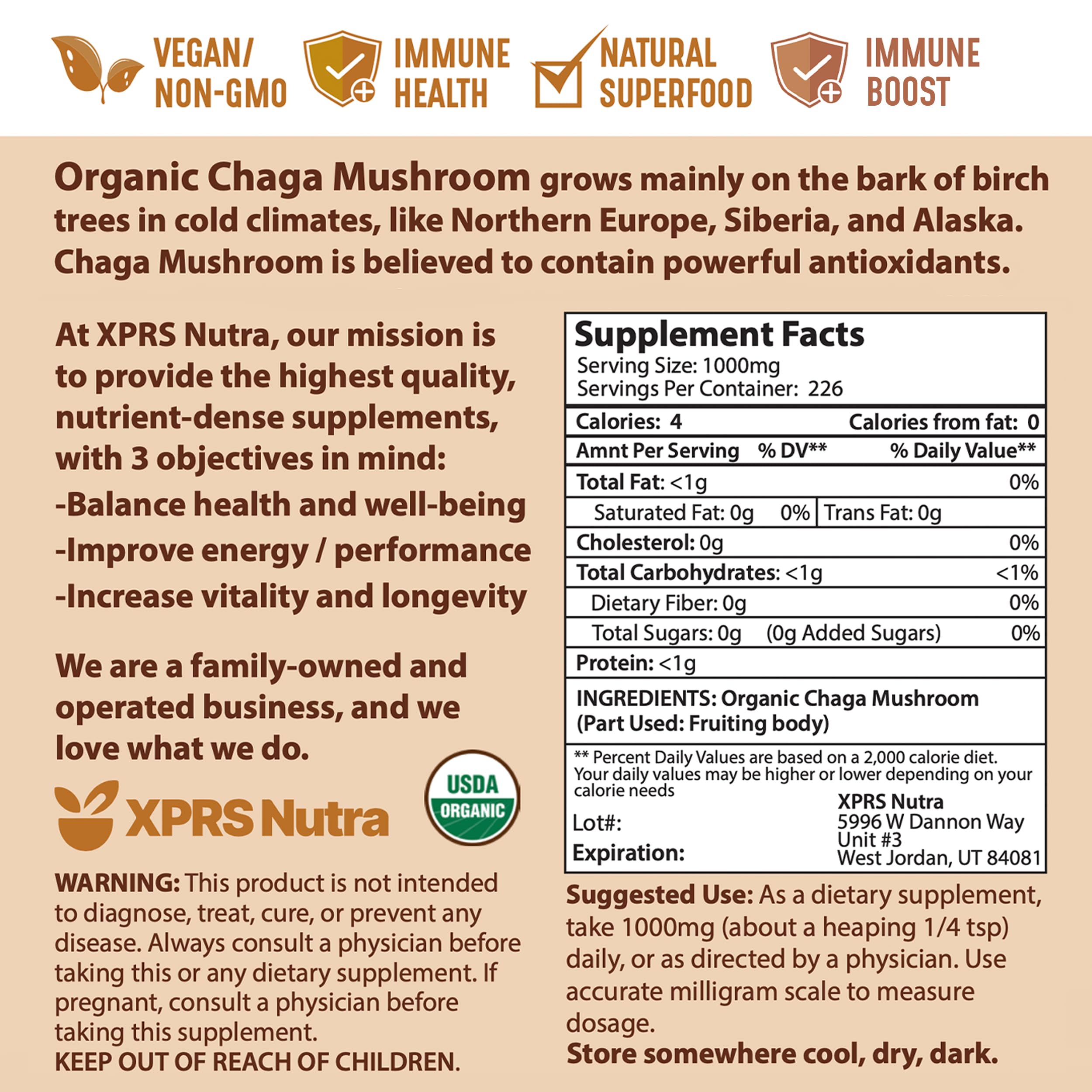 Emballage carton élégant et informatif du Chaga XPRS Nutra