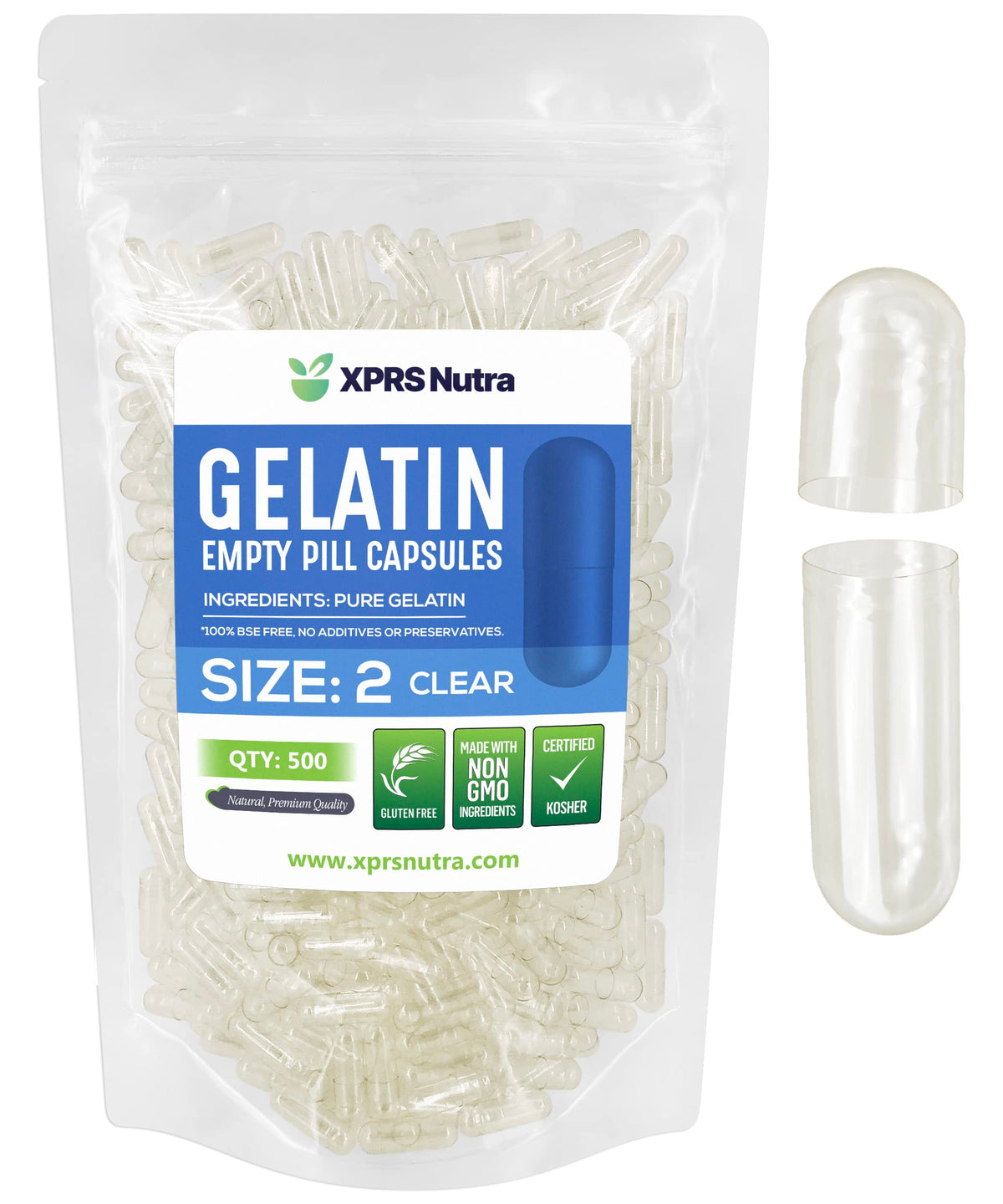Capsules vides XPRS Nutra transparentes taille 2 pour remplissage précis.