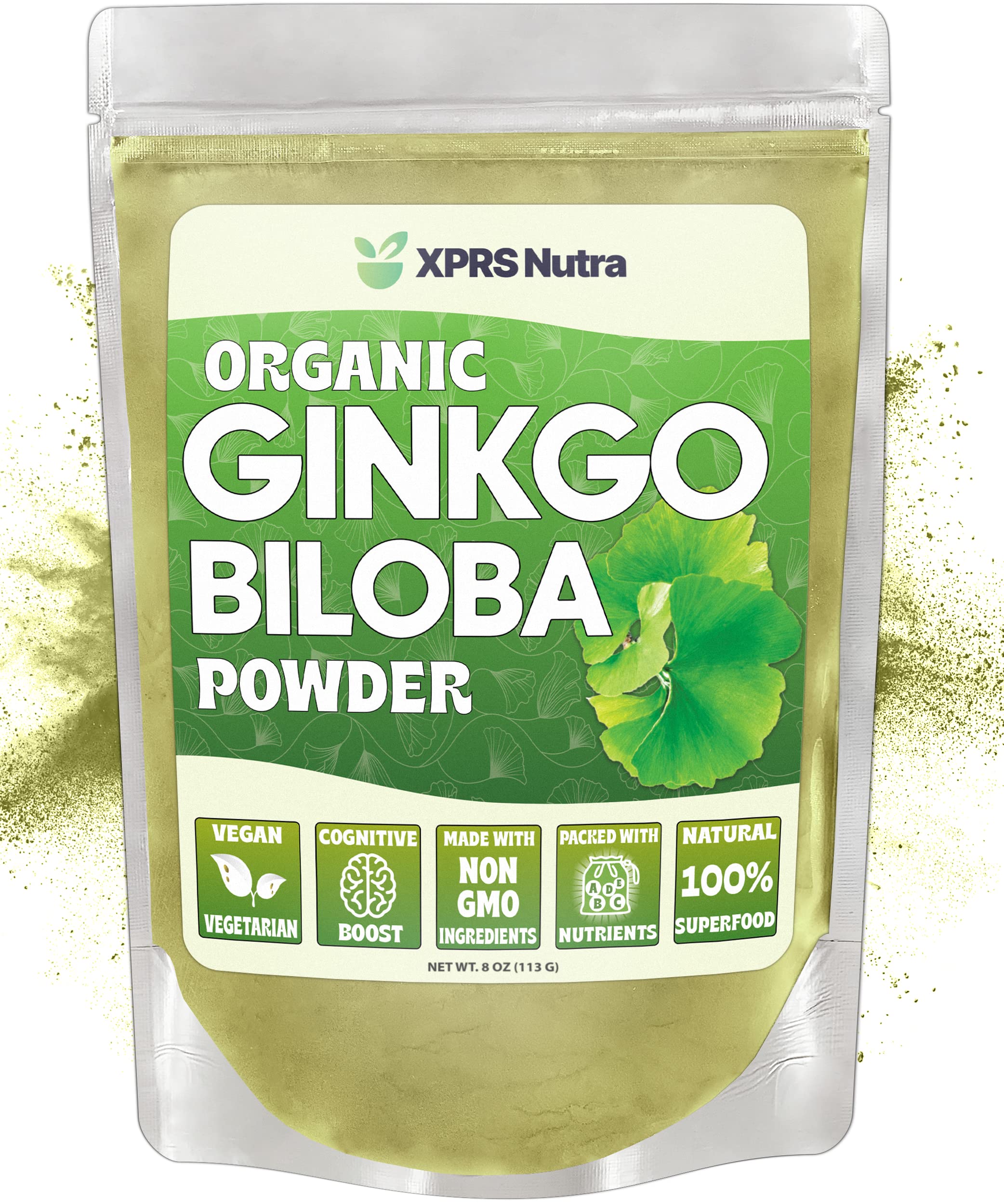 XPRS Nutra Poudre Bio Ginkgo Biloba — flacon, usage vegan pour soutenir la concentration
