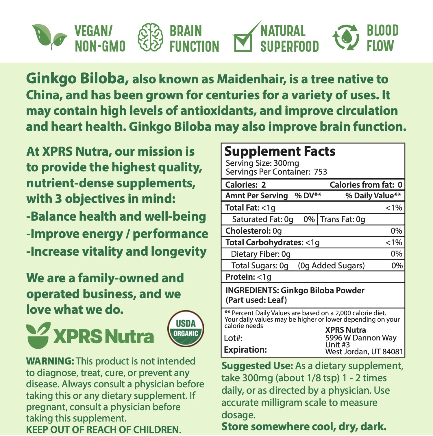 XPRS Nutra Poudre Bio Ginkgo Biloba — approche éthique et emballage responsable