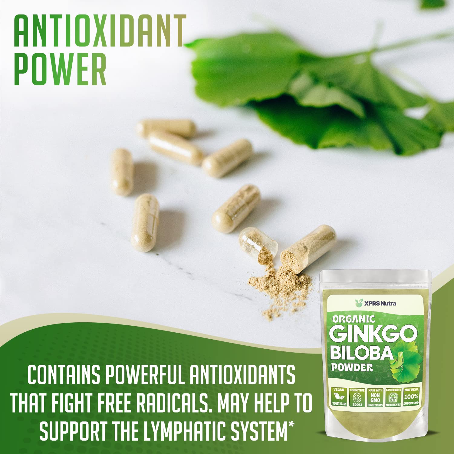 XPRS Nutra Poudre Bio Ginkgo Biloba — poudre facile à mélanger dans boissons quotidiennes