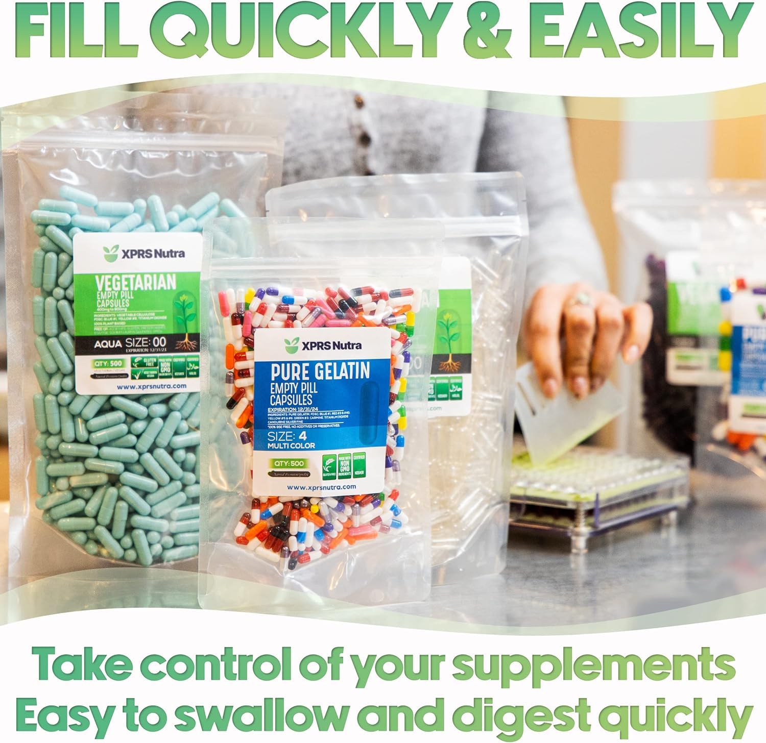 Capsules vides XPRS Nutra facilitant le remplissage manuel.