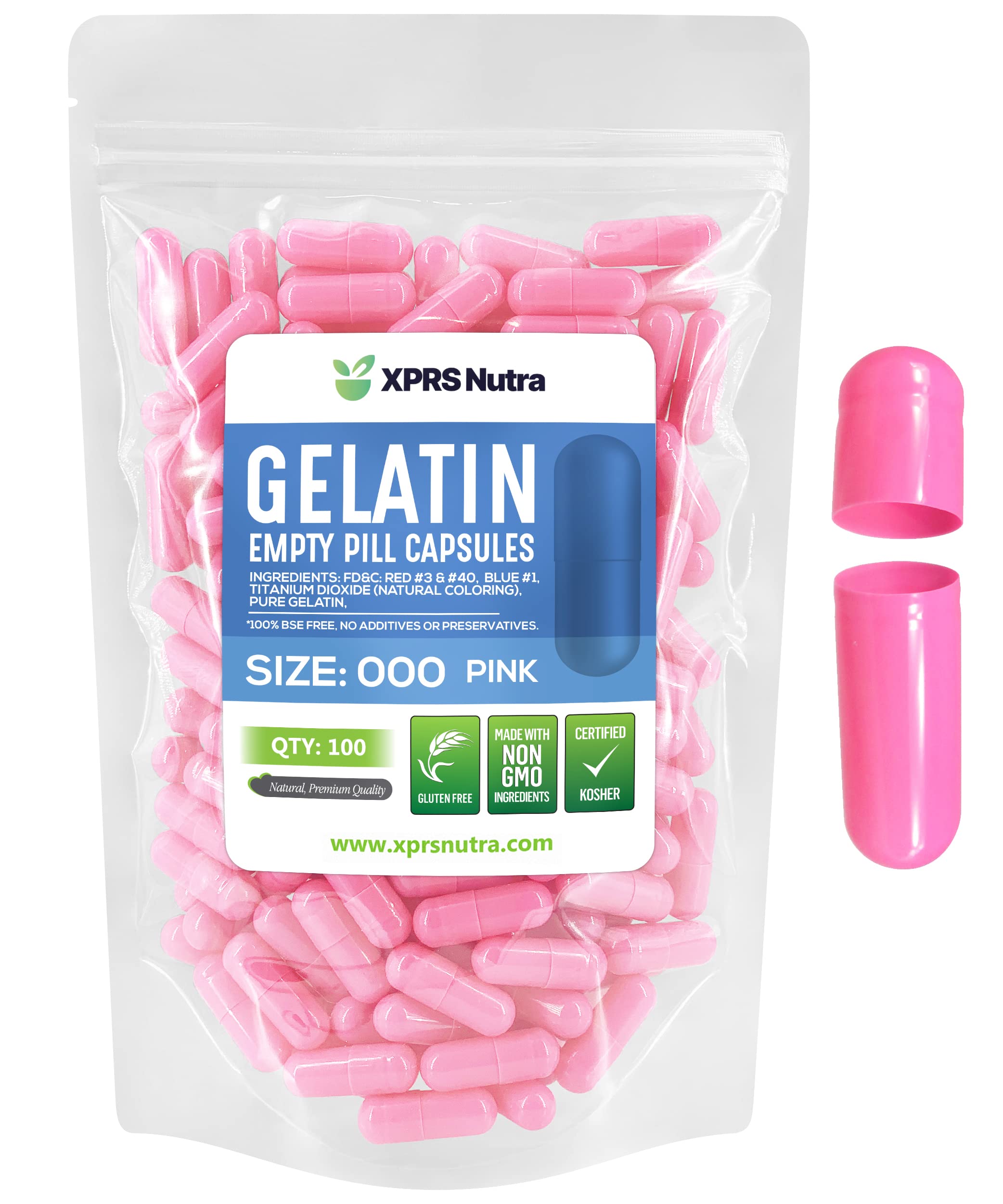 Capsules XPRS Nutra Size 000 roses en bouteille, pratique pour le remplissage maison