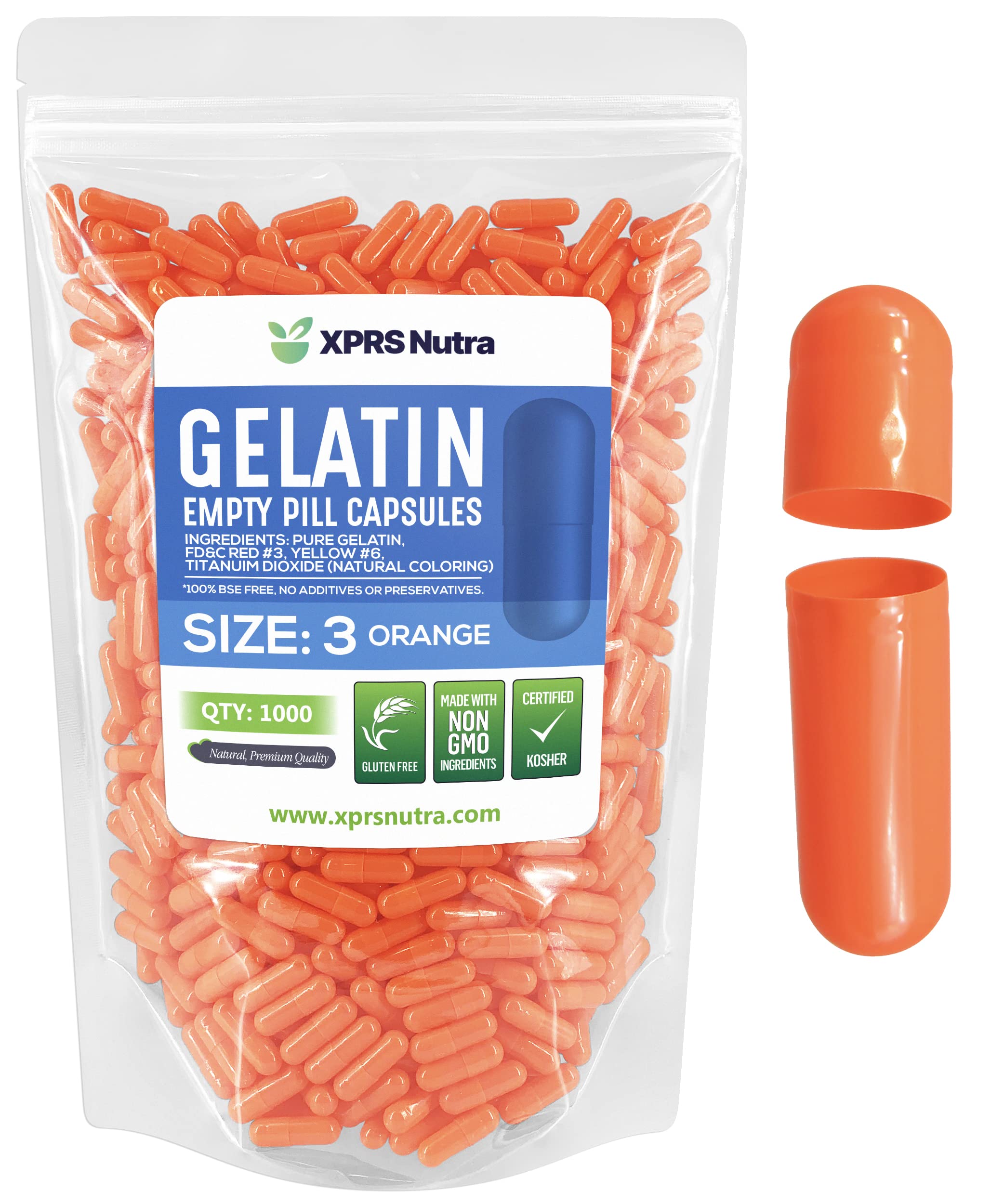 Capsules vides taille 3 de XPRS Nutra en emballage orange, remplissage précis facilité.