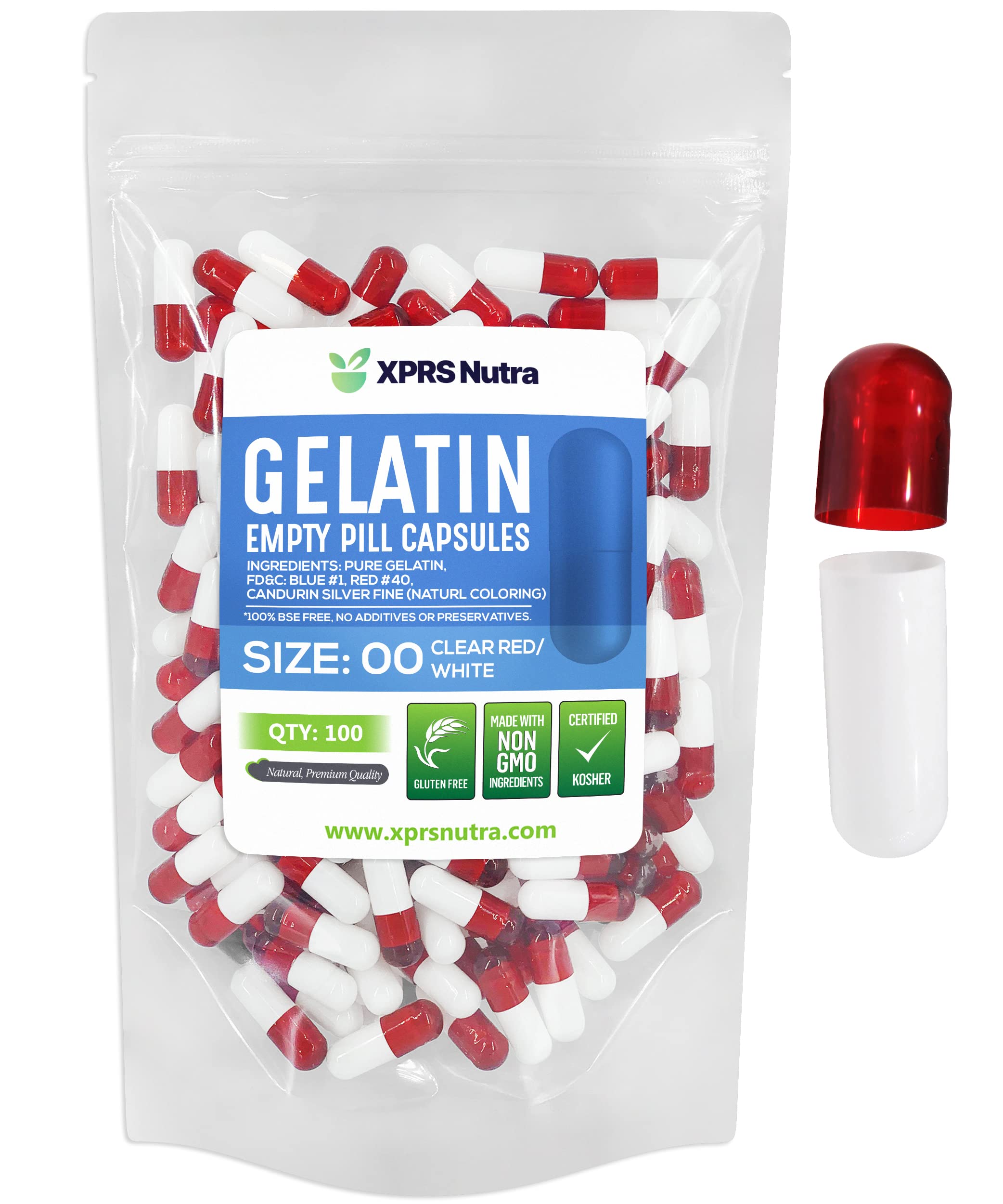 XPRS Nutra Taille 00 capsules vides transparentes rouge et blanc pour remplissage précis.