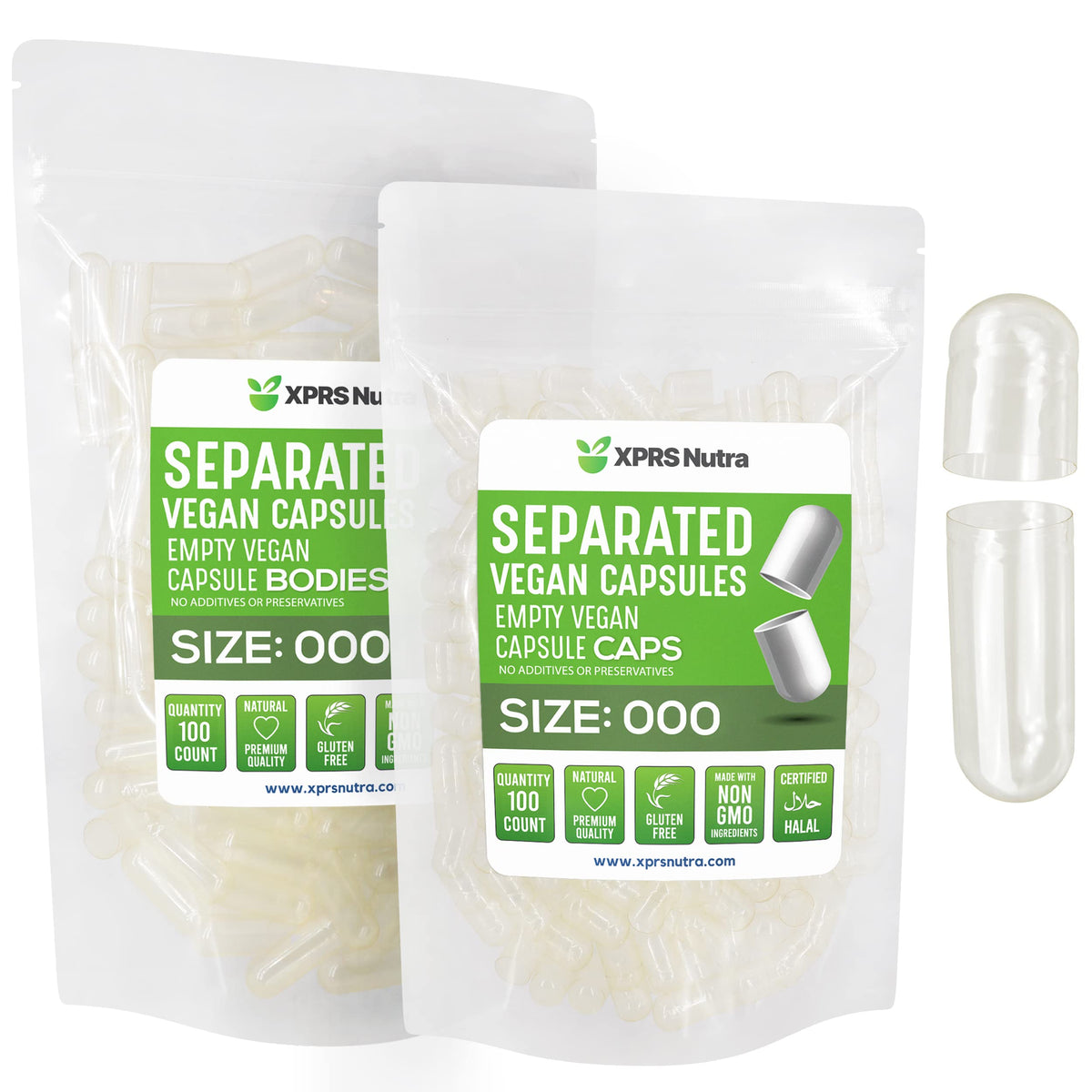 XPRS Nutra Vegan taille 000, capsules séparées dans un sachet, prêt au remplissage