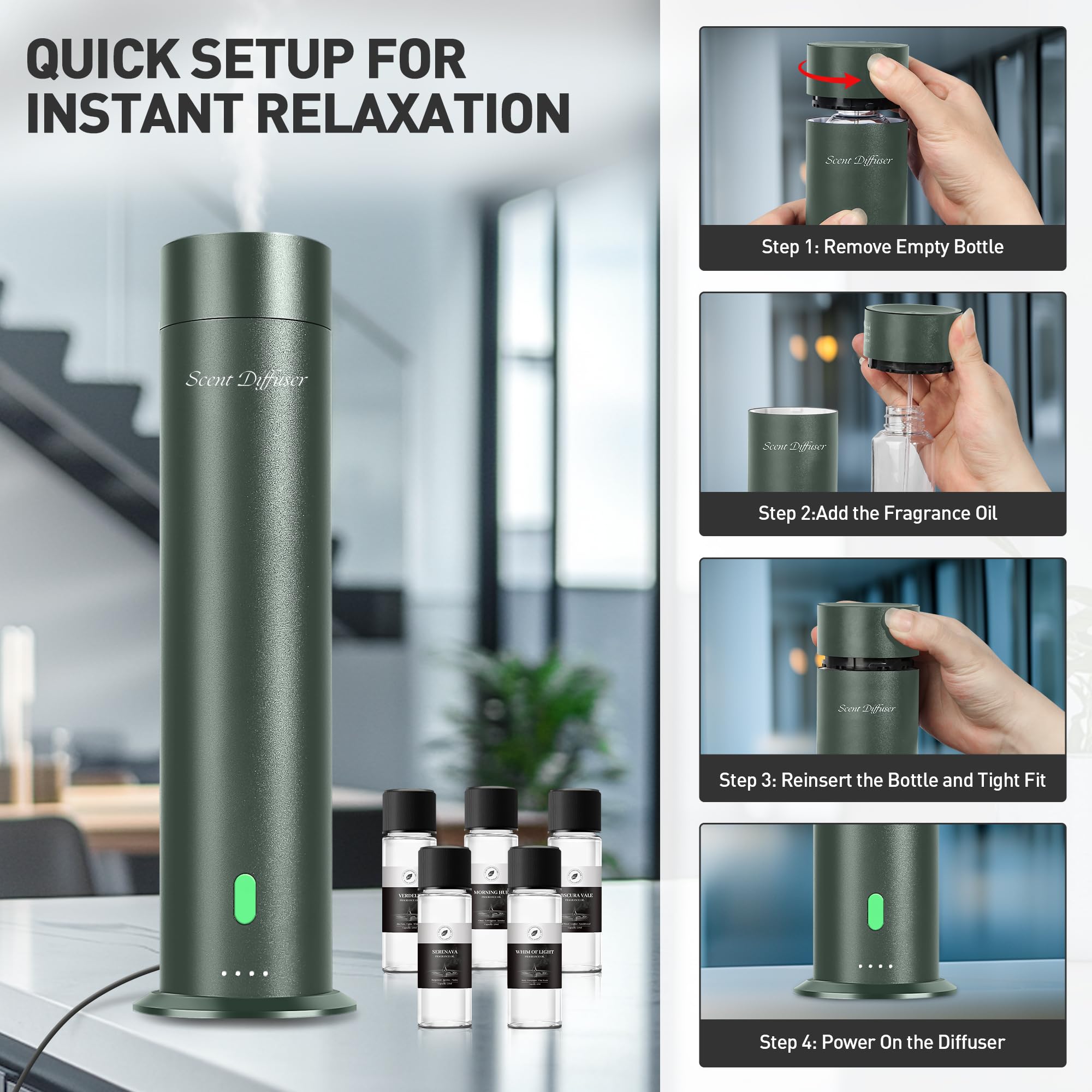Cinq huiles essentielles incluses pour personnaliser l'arôme.