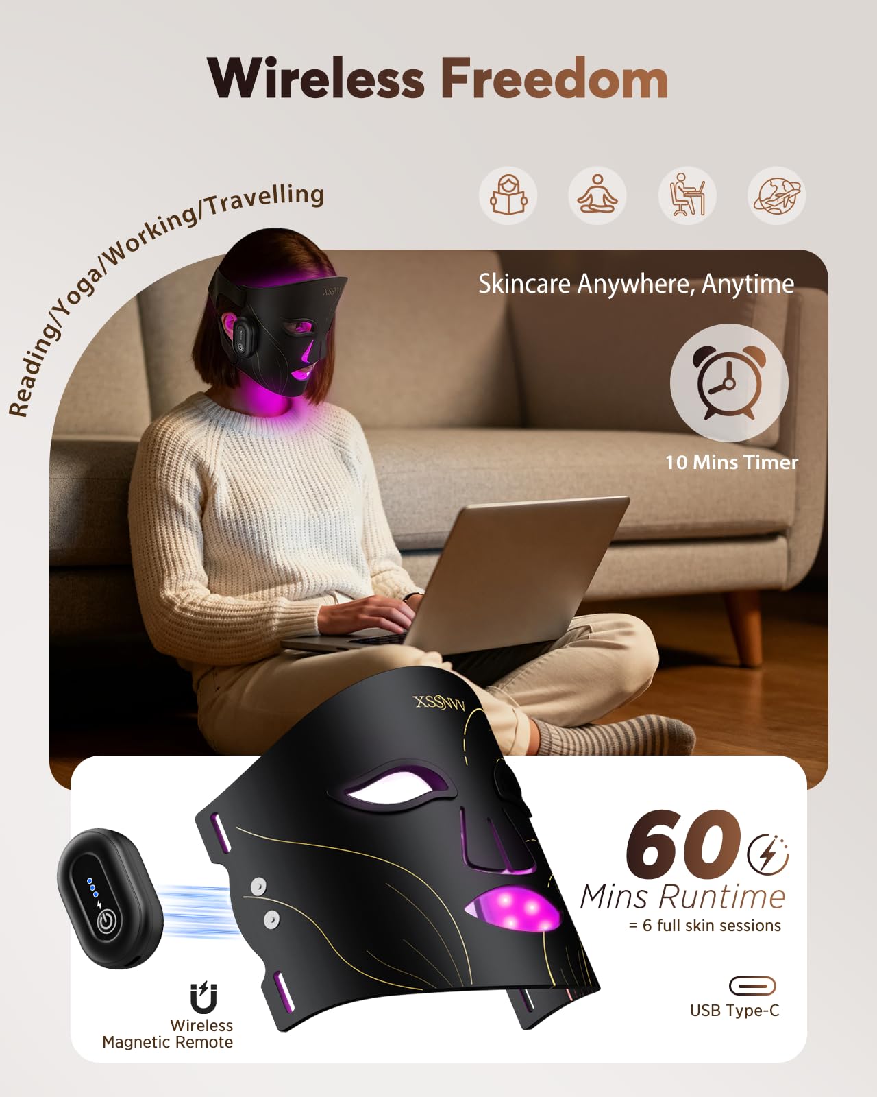 XSSNVV masque led infrarouge 850 nm sans fil, pratique pour soins à domicile.
