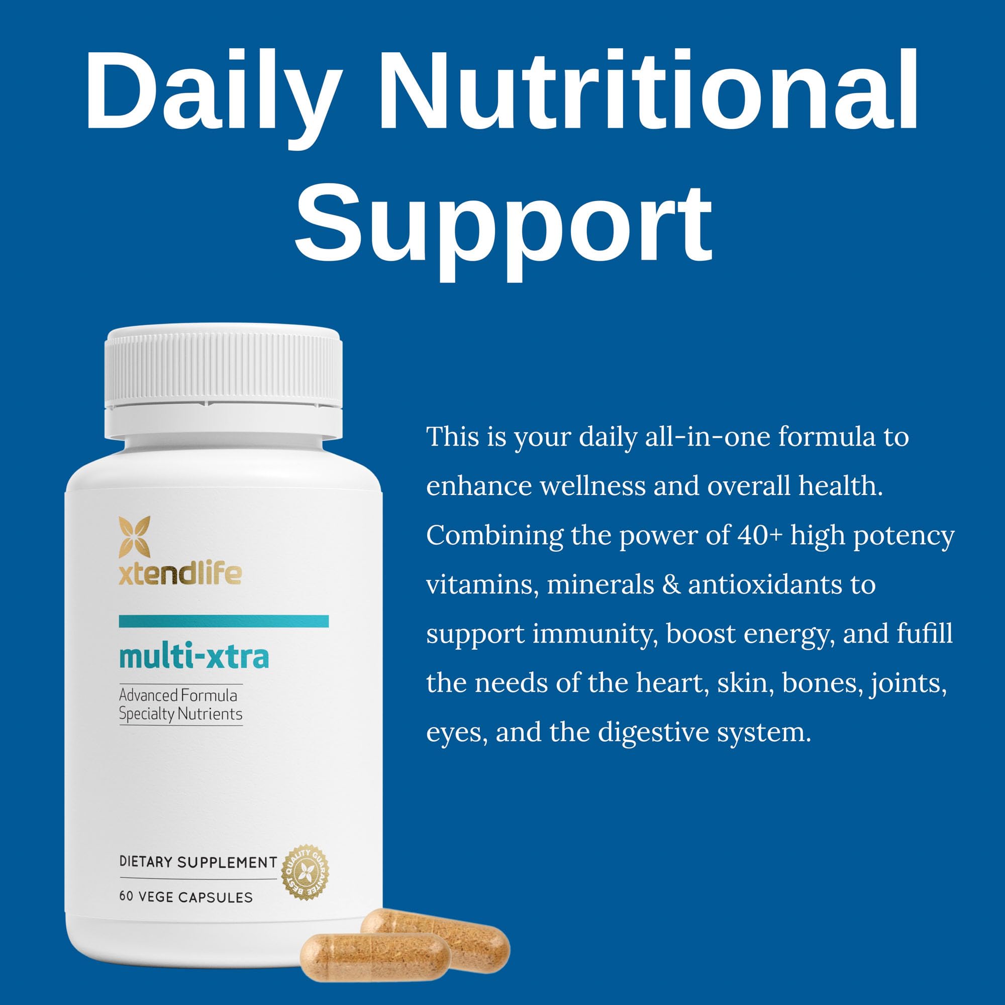 Formulation naturelle Xtendlife Multi-Xtra avec ingrédients biodisponibles.