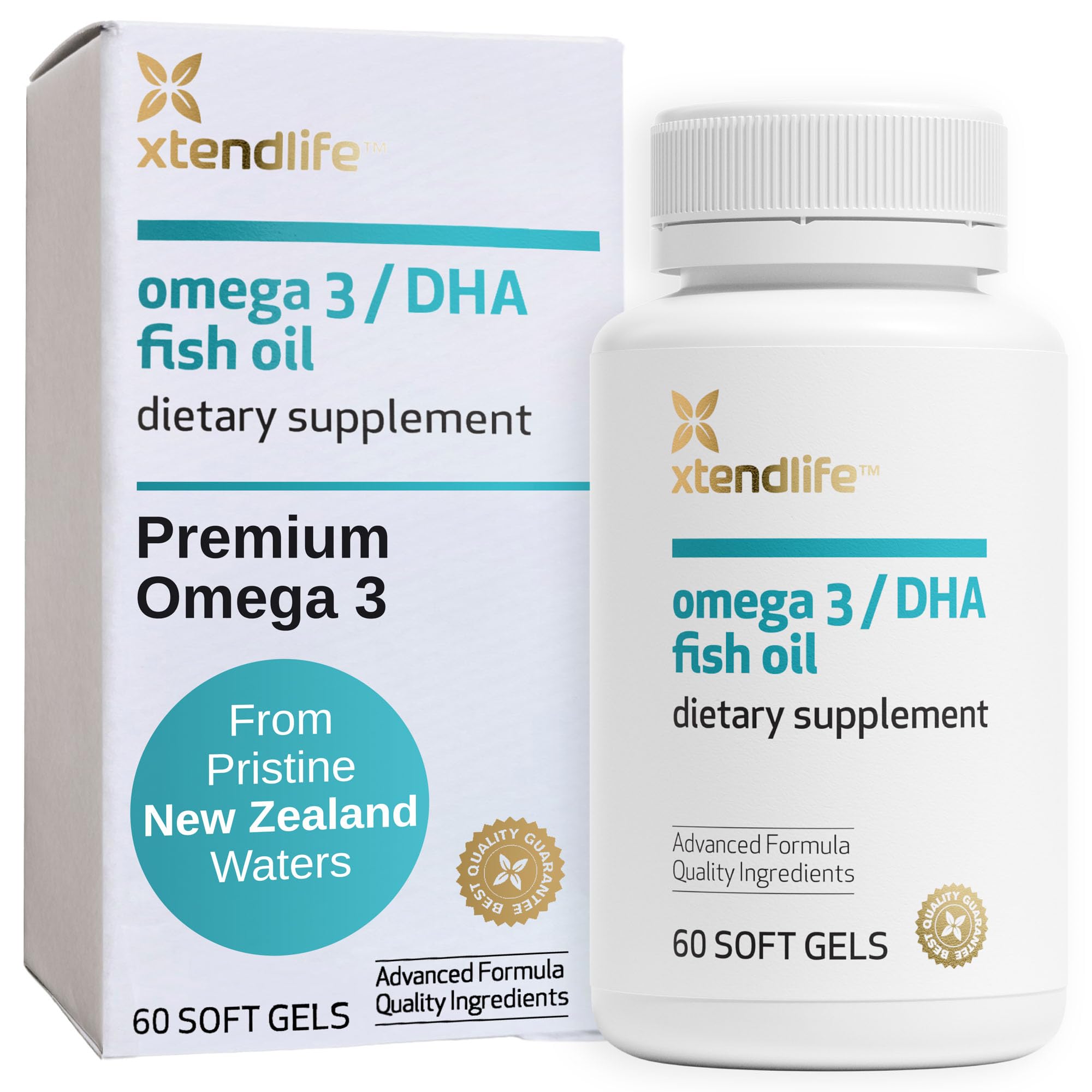Xtendlife Omega3 – Bouteille bleue, soutien potentiel pour le cœur et le cerveau.