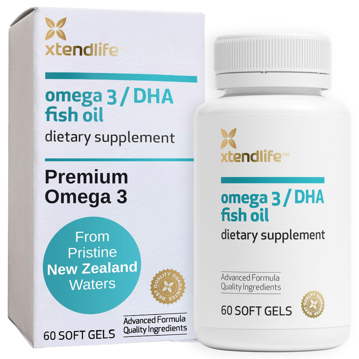 Xtendlife Omega3 – Bouteille bleue, soutien potentiel pour le cœur et le cerveau.