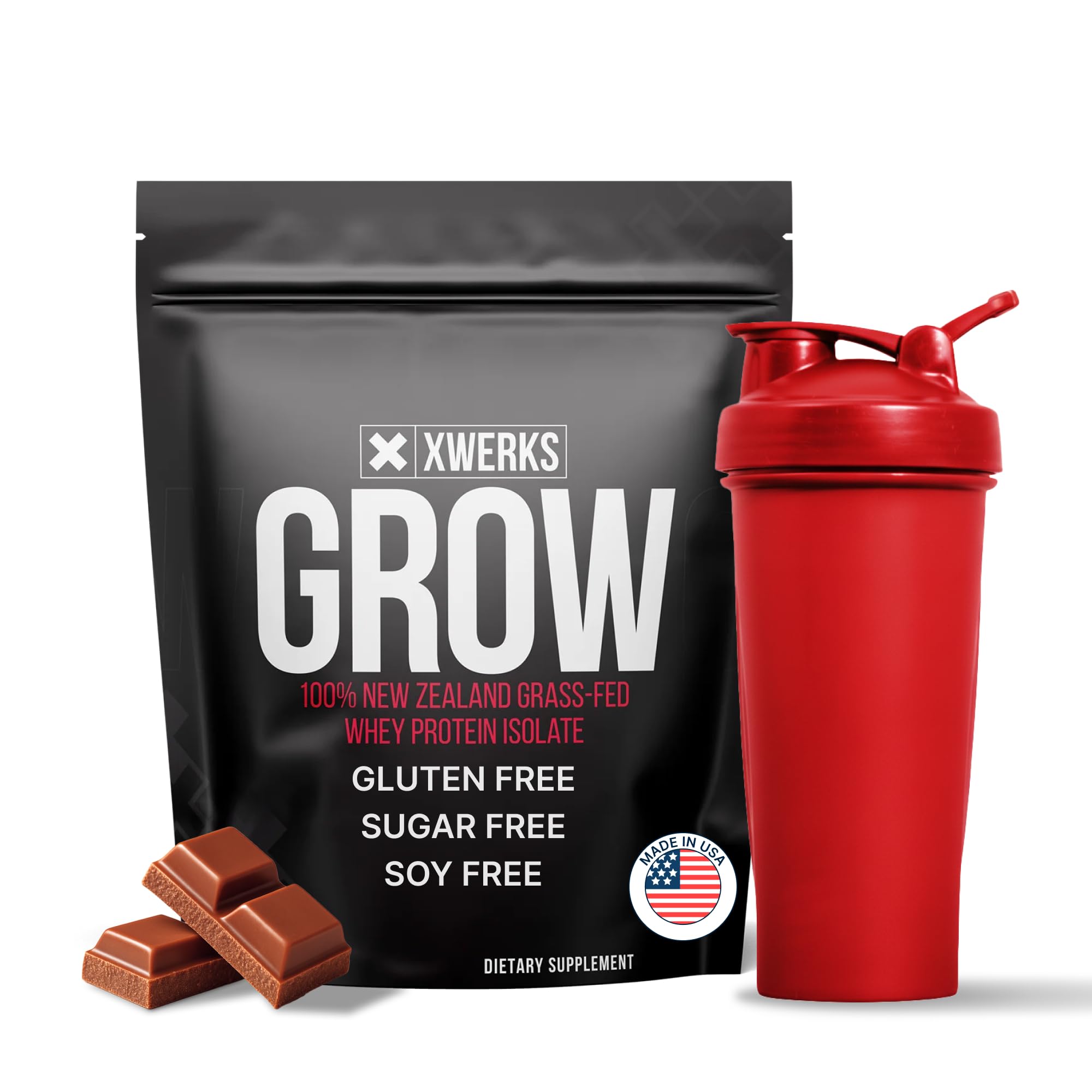 XWERKS Grow protéine whey isolate, bouteille affichée, soutien musculaire apres l'entraînement.
