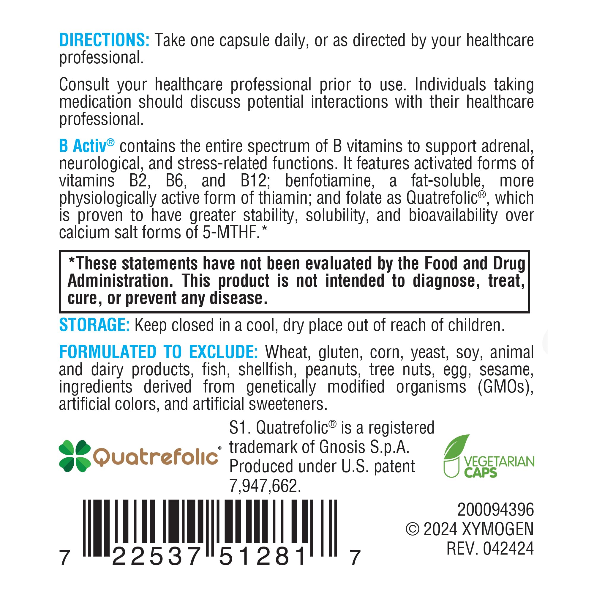 XYMOGEN B Activ – folate Quatrefolic pour biodisponibilité supérieure.