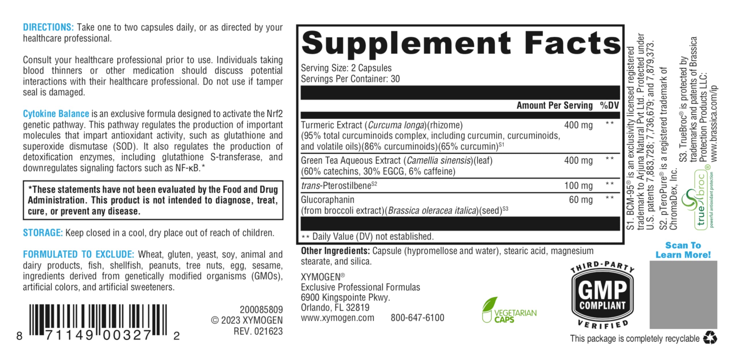 Capsules Cytokine Balance XYMOGEN en gros plan pour l’usage quotidien.