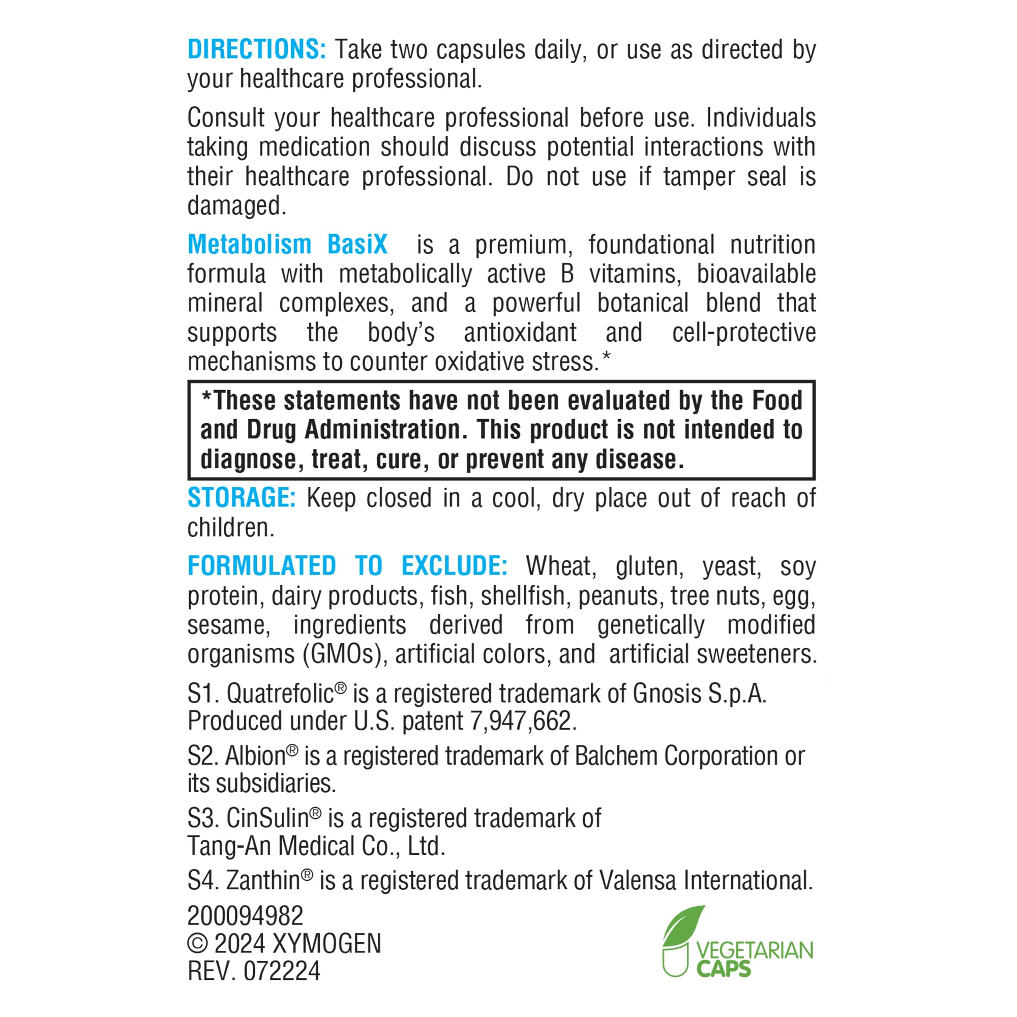 XYMOGEN Metabolism Basix – étiquette: sans gluten et sans OGM.