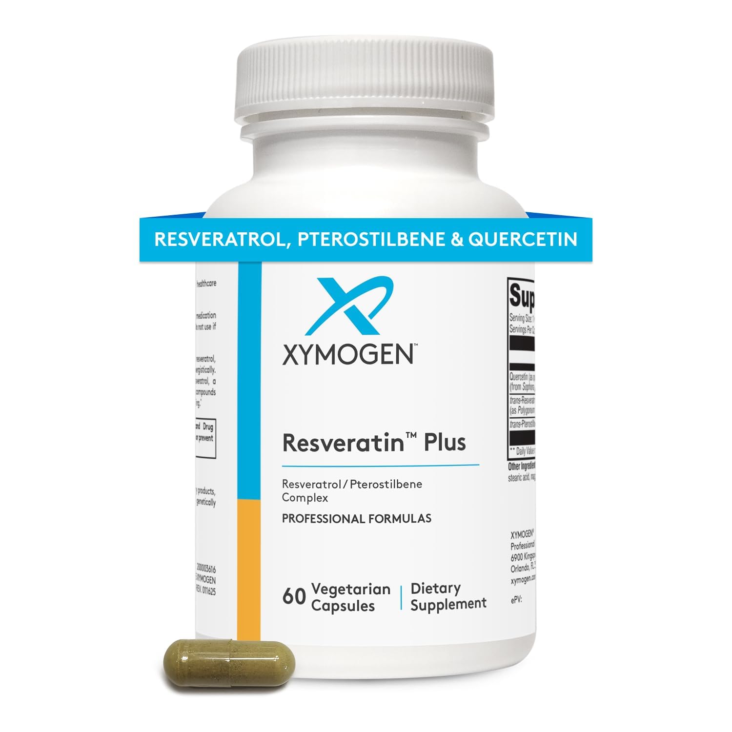 XYMOGEN Resveratin Plus: bouteille de gélules pour un soutien antioxydant quotidien.