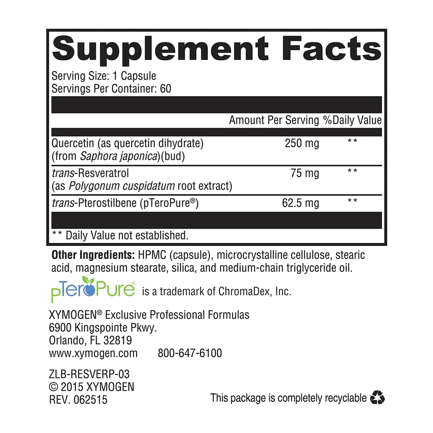 XYMOGEN Resveratin Plus: étiquette montrant résvératrol et quercétine pour le bien-être.