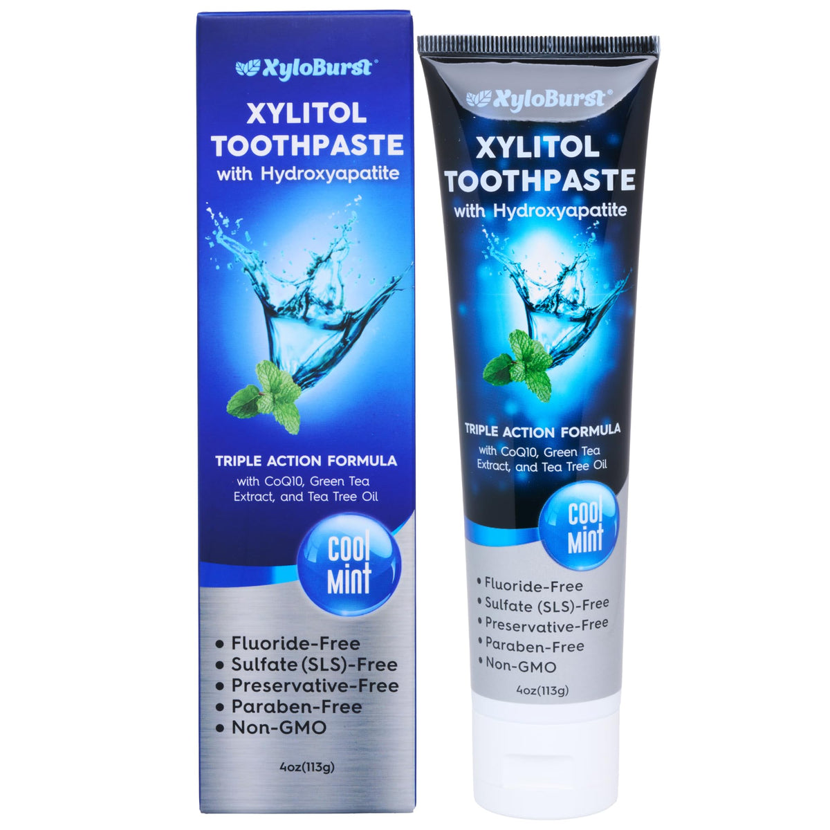 Dentifrice XyloBurst hydroxyapatite à la menthe, renforçant l'émail et frais.