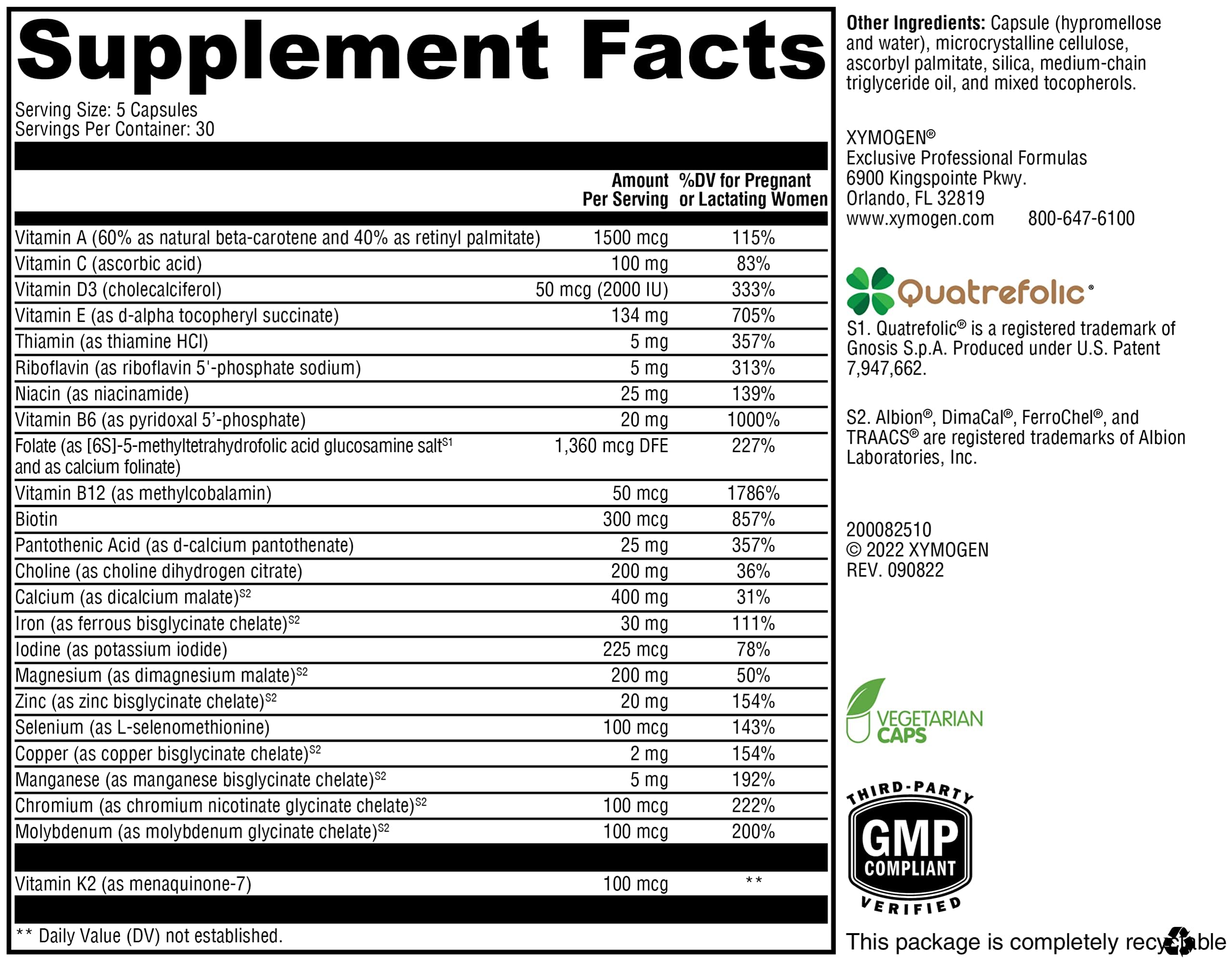 XYMOGEN Prenatal: étiquette lisible avec dosage et avantages potentiels.