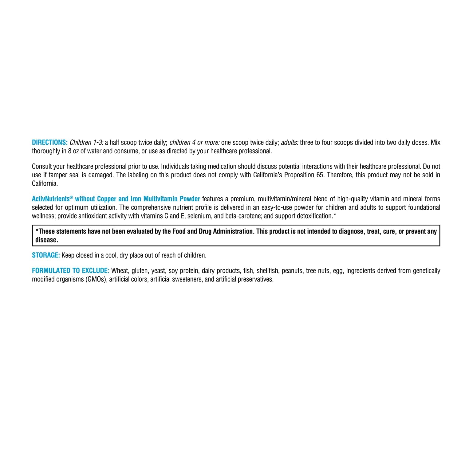 Étiquette ActivNutrients affiche les ingrédients et l’absence d’allergènes courants.